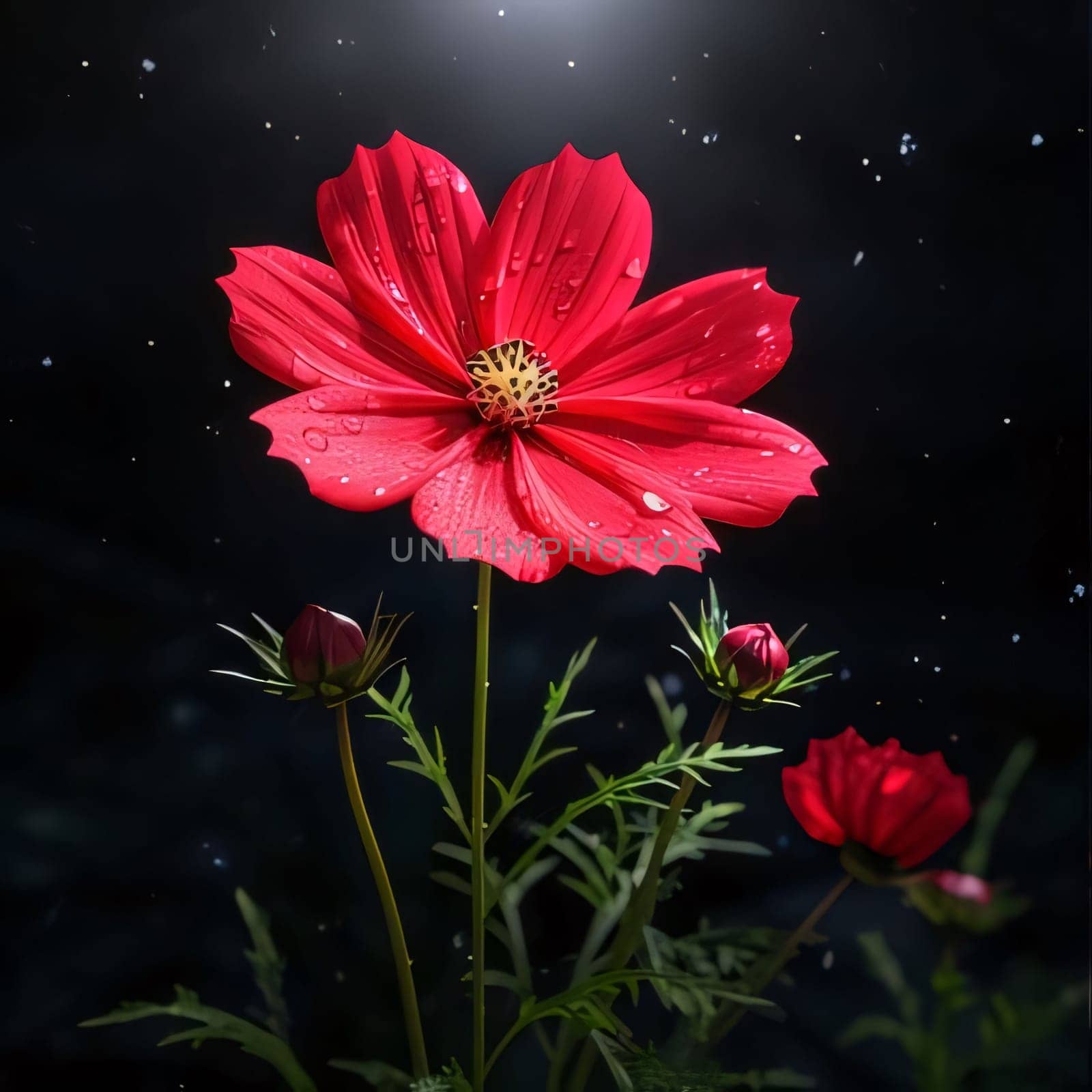 Red flower with petals and green stem on black background. Flowering flowers, a symbol of spring, new life. A joyful time of nature waking up to life.