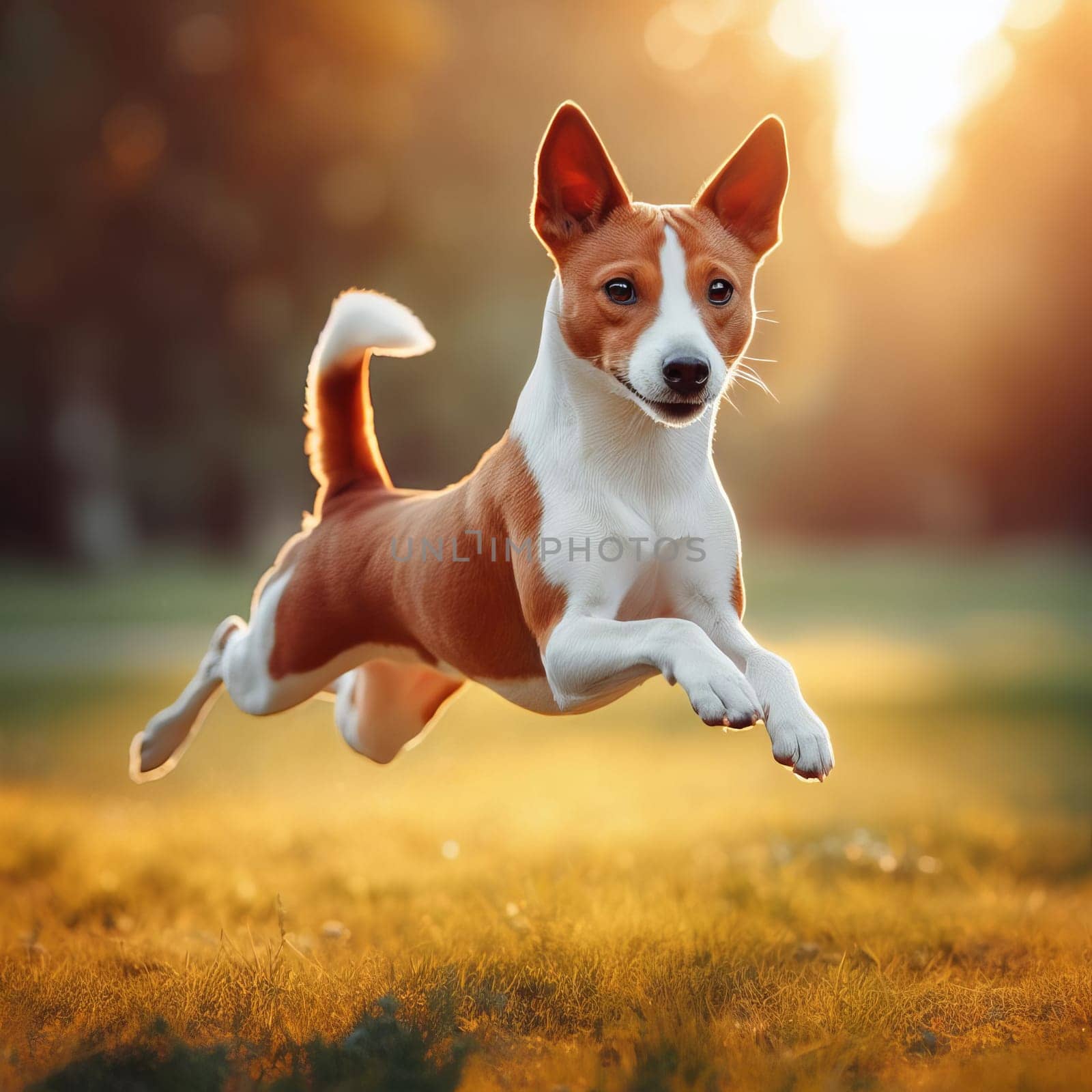 A joyful dog leaps in the air against a sunset backdrop in a park, embodying the spirit of freedom and playfulness