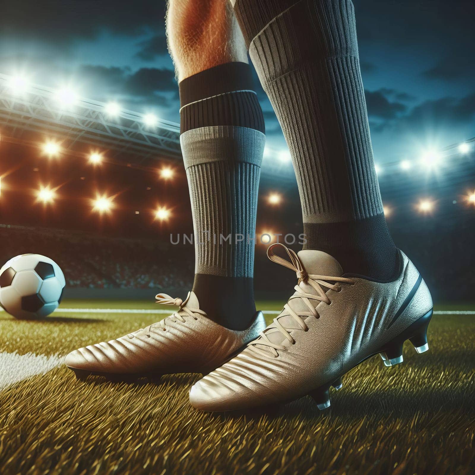 A soccer player's feet poised for action on the field, with a ball and stadium lights in the backdrop, capturing the thrill of the game