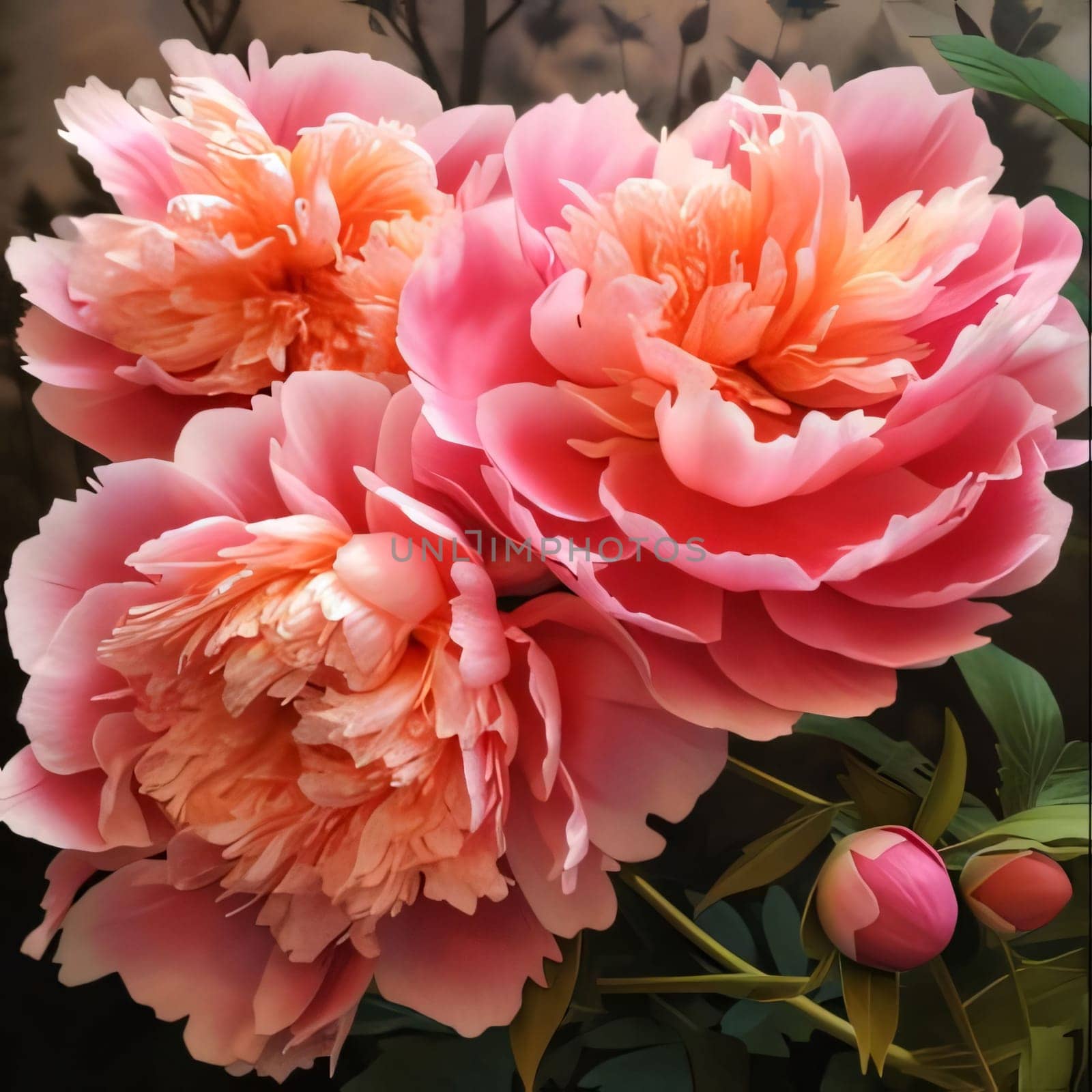 Large, bright pink peonies with green leaves on a dark background close-up view. Flowering flowers, a symbol of spring, new life. A joyful time of nature waking up to life.