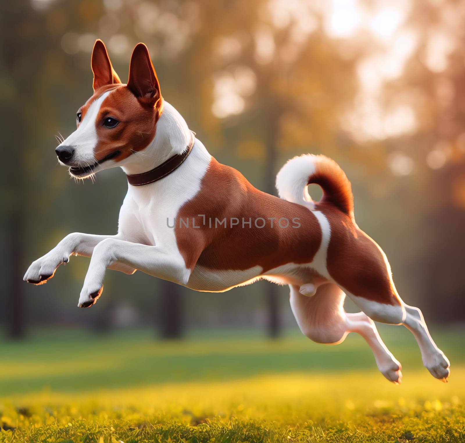 Energetic jack russell terrier dog in mid-jump, showcasing agility in a sunlit park