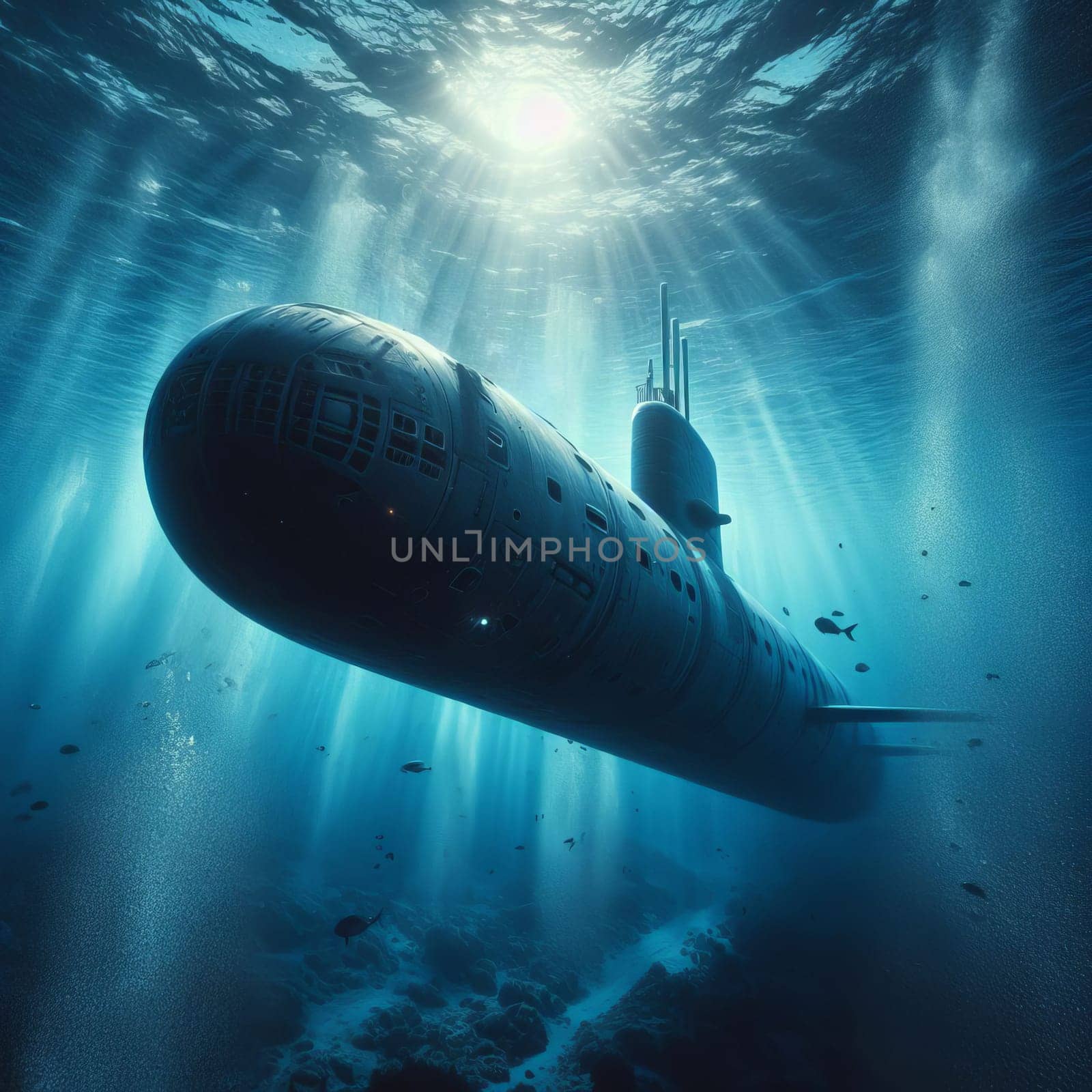 Military submarine underwater, illuminated by sun rays penetrating the deep, serene, blue sea