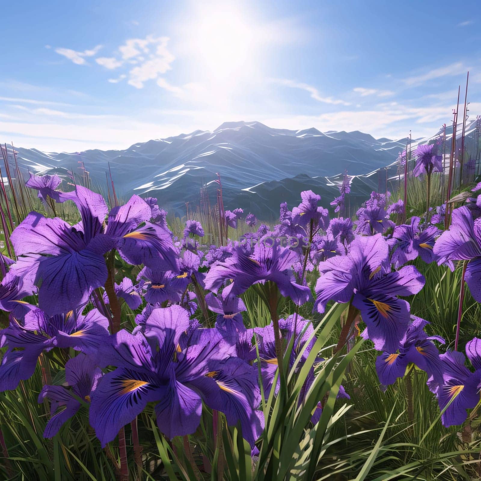 Purple flowers with Green stems kami in the meadow in the background high mountain ranges covered with snow. Flowering flowers, a symbol of spring, new life. A joyful time of nature waking up to life.
