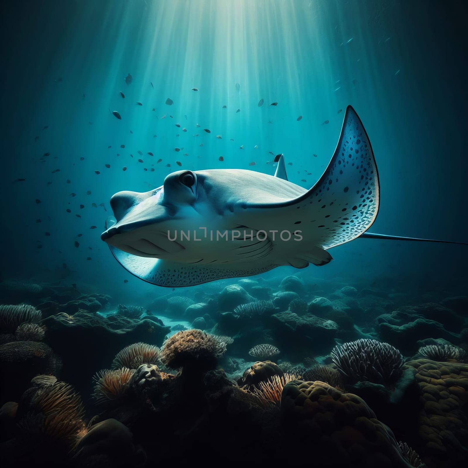 A stingray gracefully swims in the ocean, surrounded by a school of fish and coral, under the dreamy blue sea