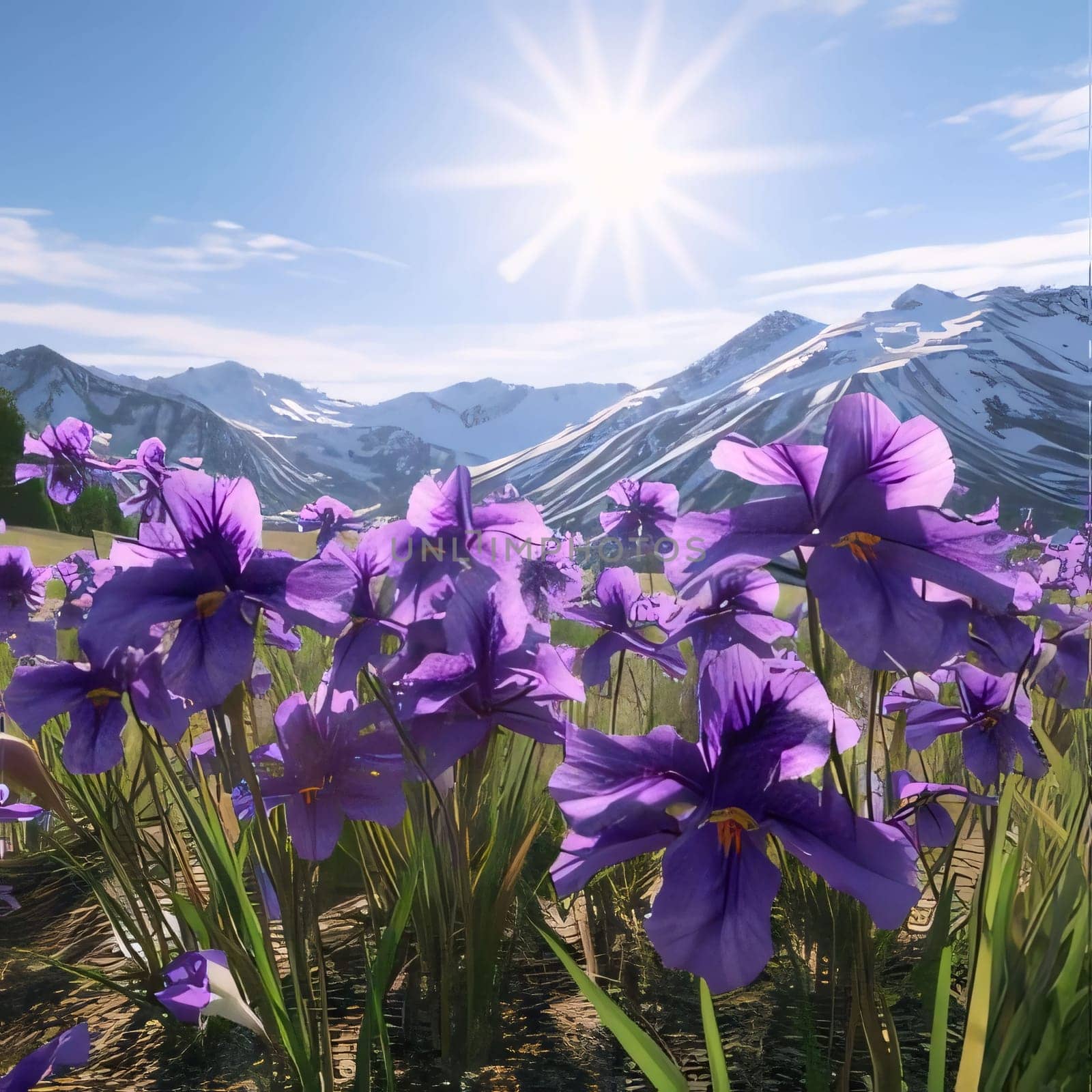 Purple flowers with Green stems kami in the meadow in the background high mountain ranges covered with snow. Flowering flowers, a symbol of spring, new life. A joyful time of nature waking up to life.