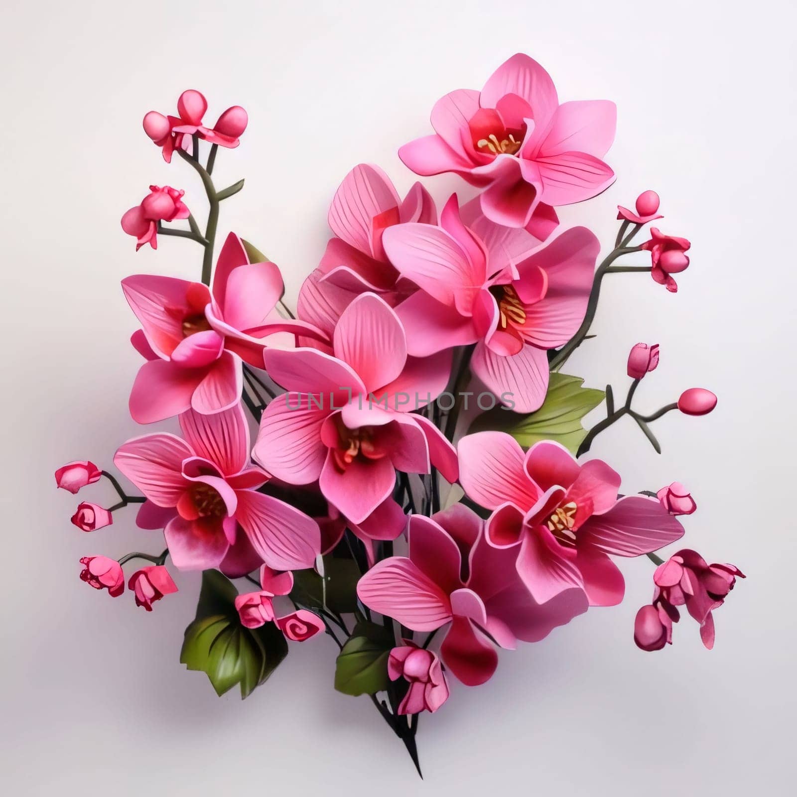 Artificial, beautiful pink flowers with green leaves on a white background. Flowering flowers, a symbol of spring, new life. A joyful time of nature waking up to life.