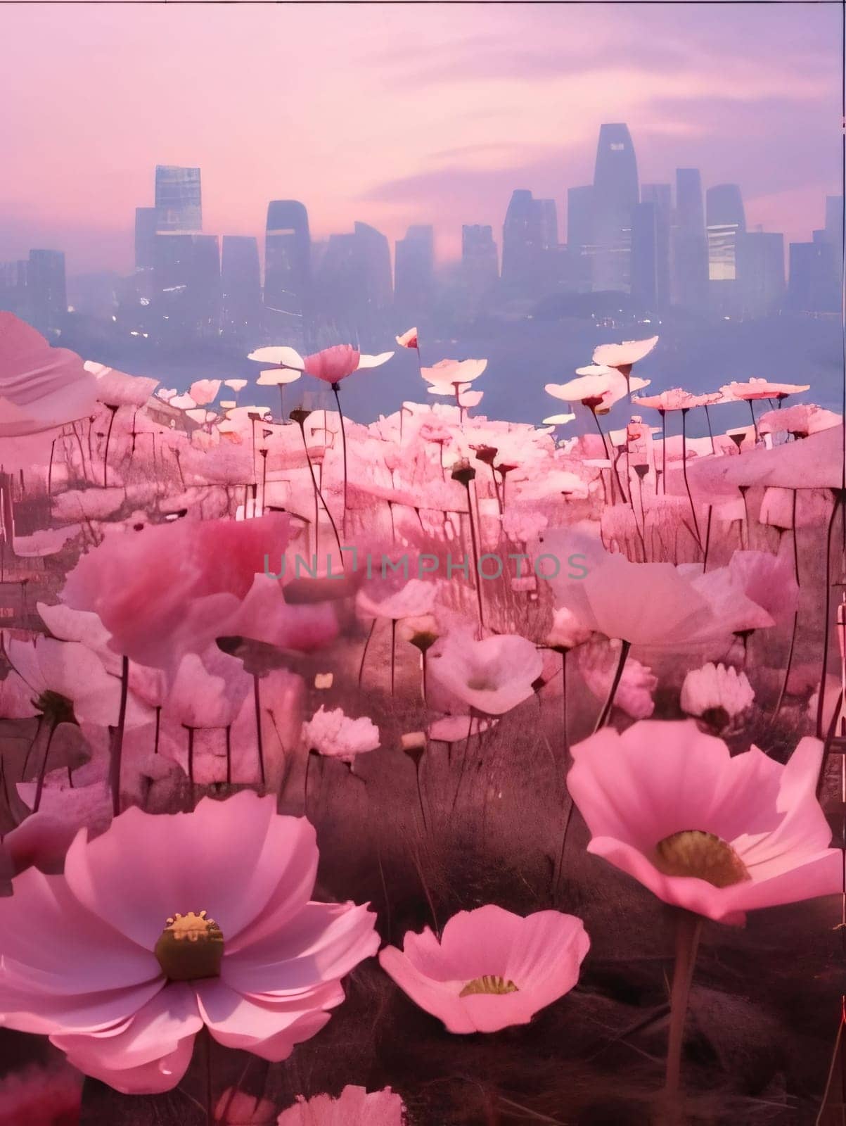 Field full of pink flowers in the background city skyline tall skyscrapers. Flowering flowers, a symbol of spring, new life. A joyful time of nature waking up to life.