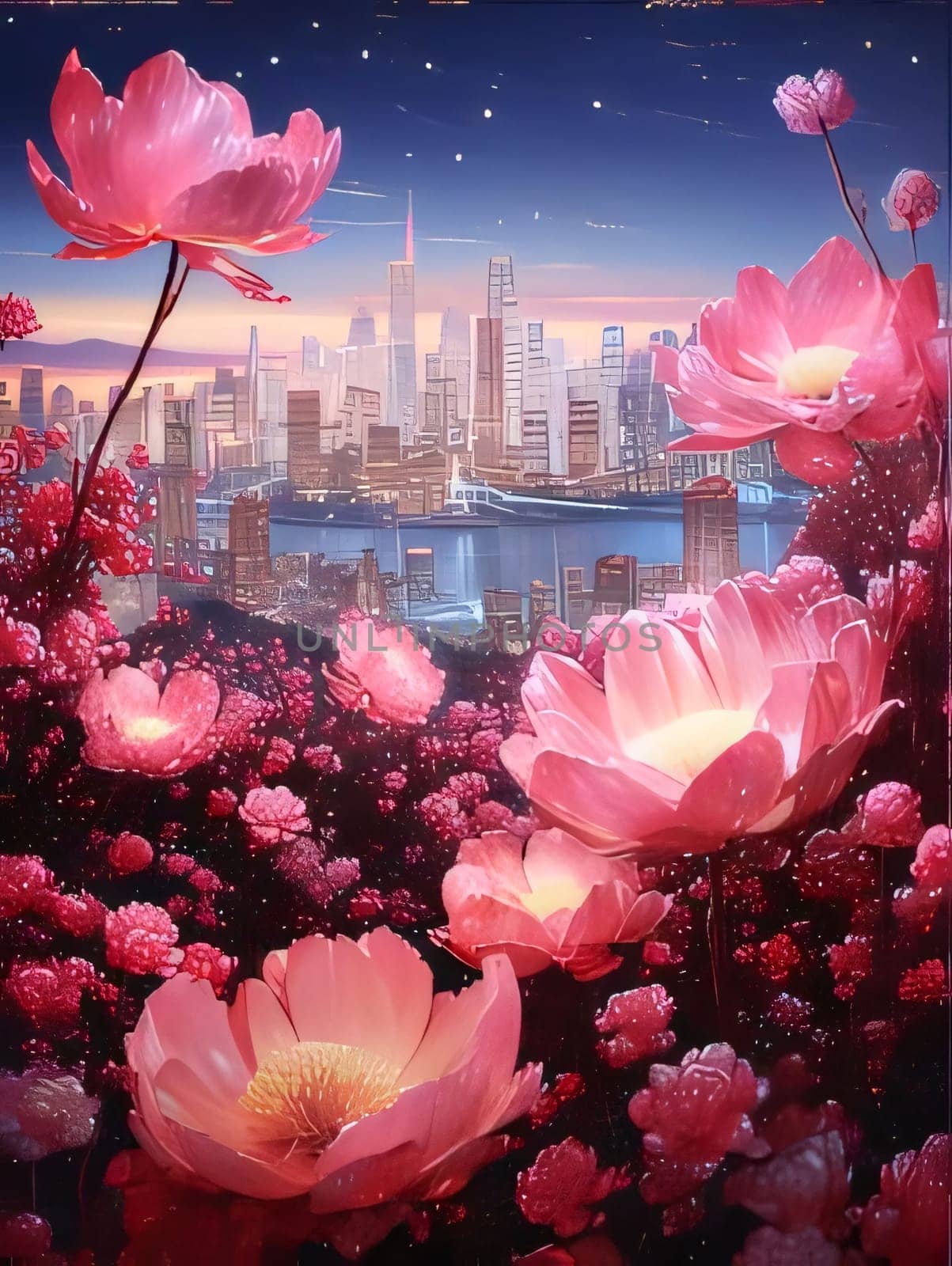 Field full of pink flowers in the background city skyline tall skyscrapers. Flowering flowers, a symbol of spring, new life. A joyful time of nature waking up to life.