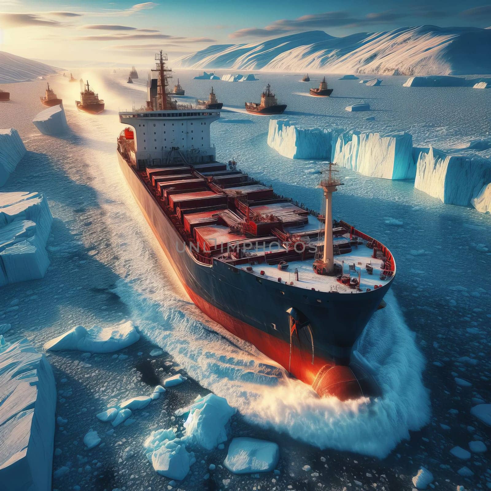 Large red and white cargo ship sailing through icy waters at sunrise, with other ships in the background. by sfinks