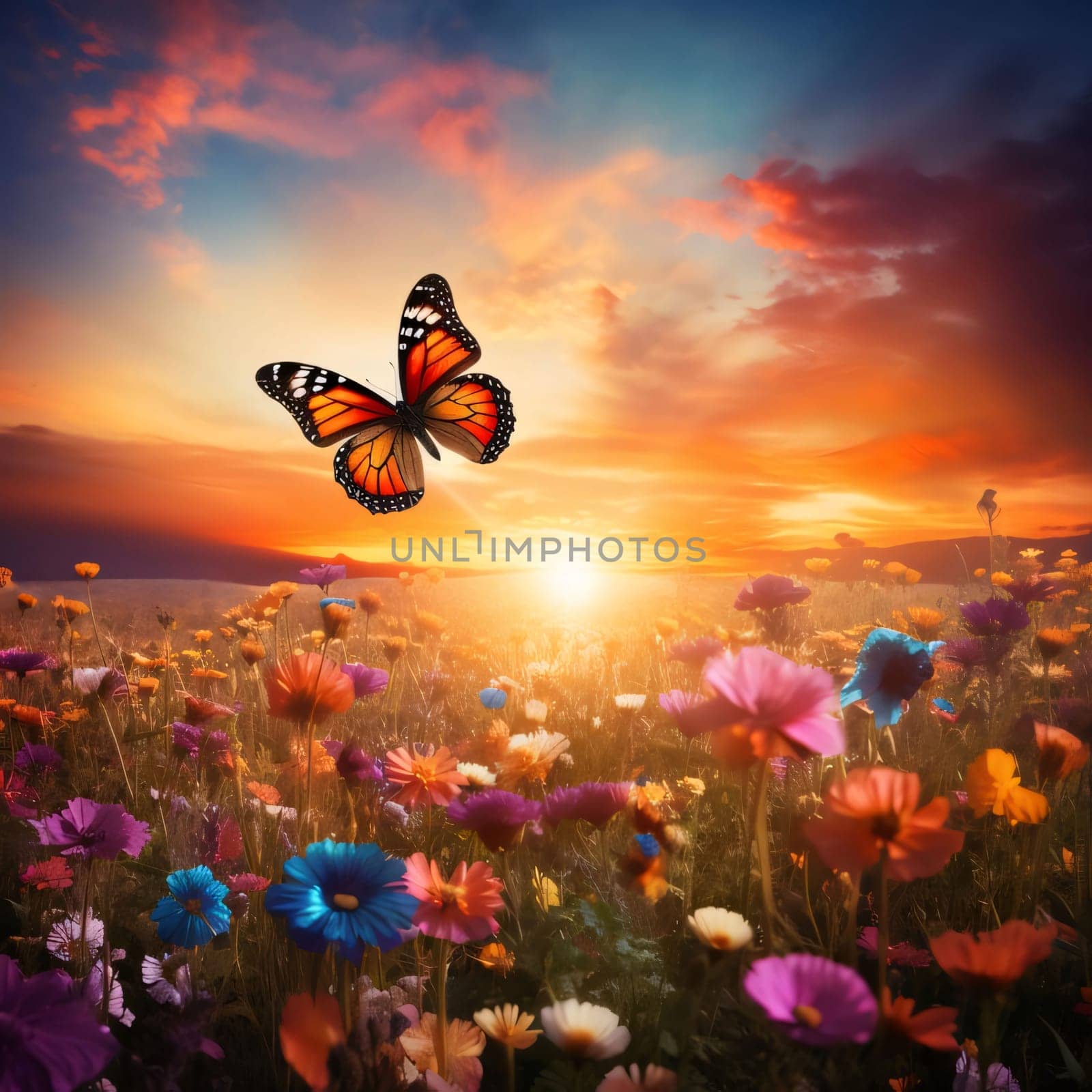 A meadow of colorful flowers, a flying butterfly and a beautiful setting sun. Flowering flowers, a symbol of spring, new life. by ThemesS