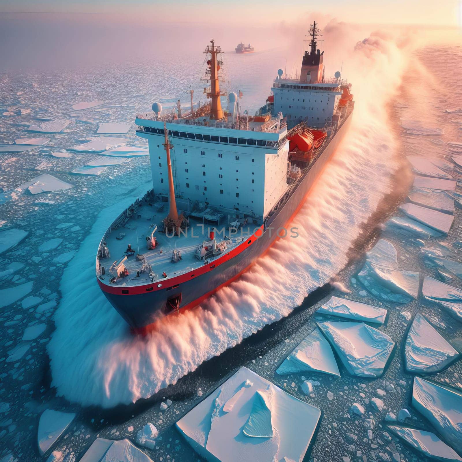 Icebreaker ship cutting through icy waters, with another vessel following, under a soft glow of sunset. by sfinks