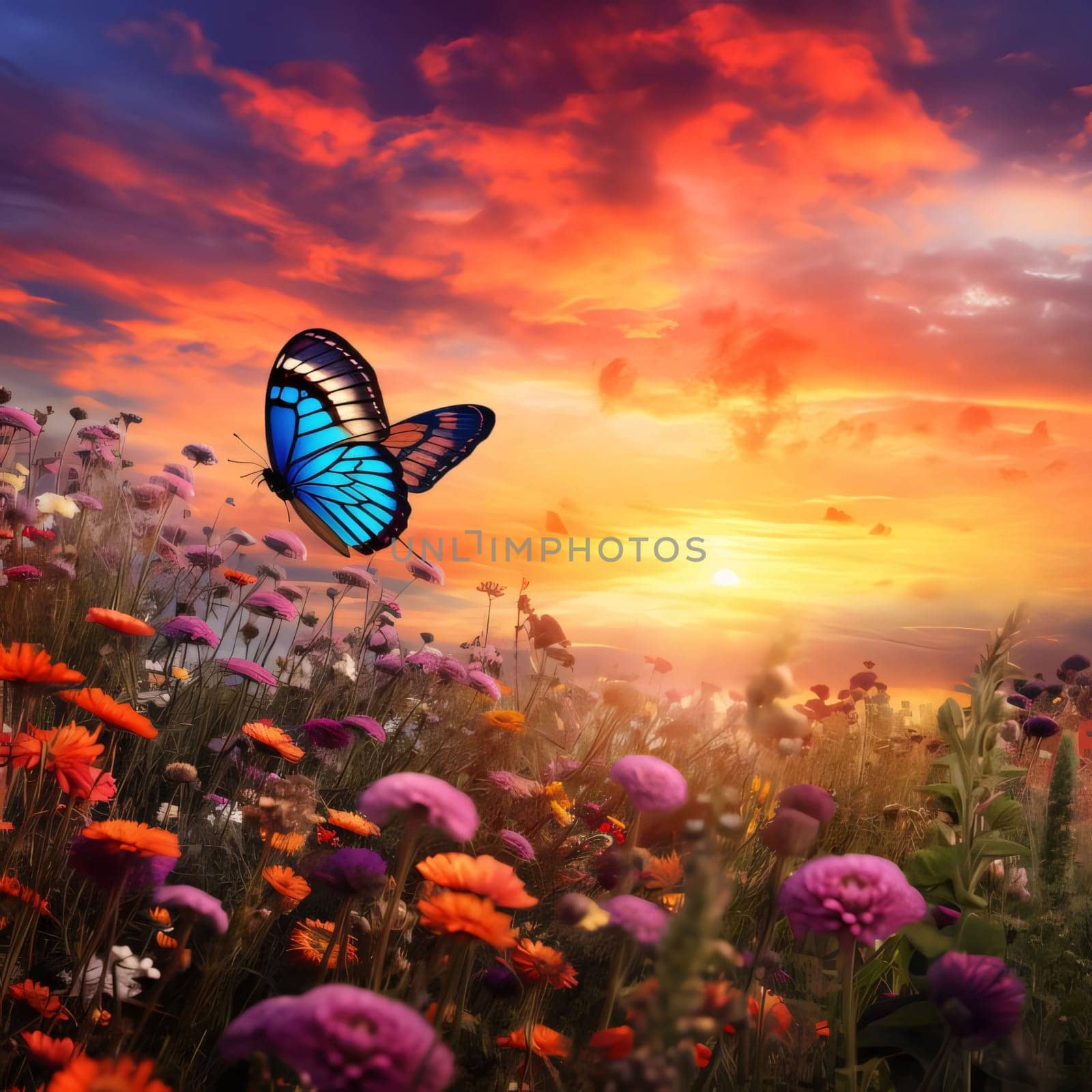 A meadow of colorful flowers, a flying butterfly and a beautiful setting sun. Flowering flowers, a symbol of spring, new life. A joyful time of nature waking up to life.