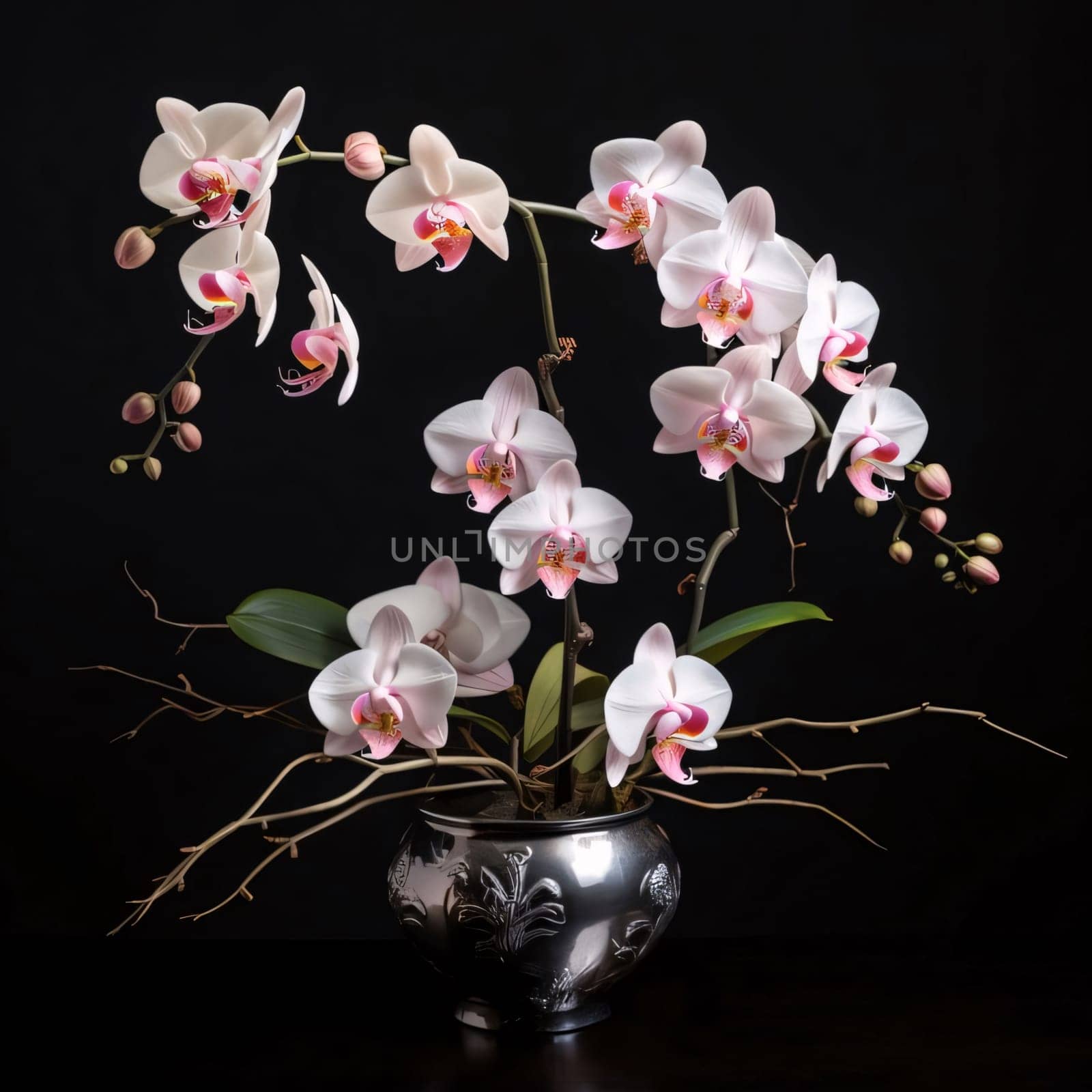 Pink white orchid in a pot on a dark background. Flowering flowers, a symbol of spring, new life. A joyful time of nature waking up to life.