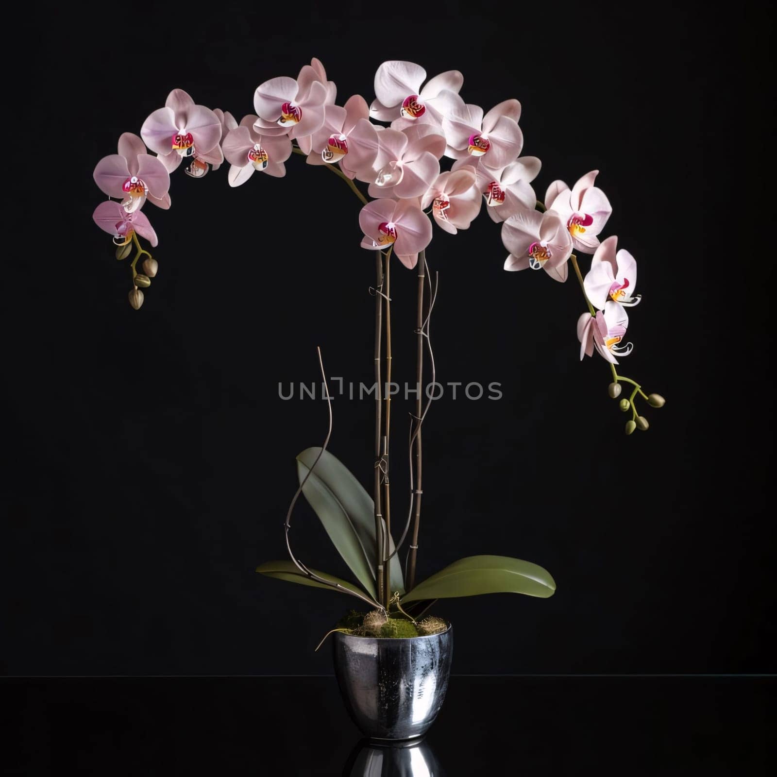 Pink white orchid in a pot on a dark background. Flowering flowers, a symbol of spring, new life. by ThemesS