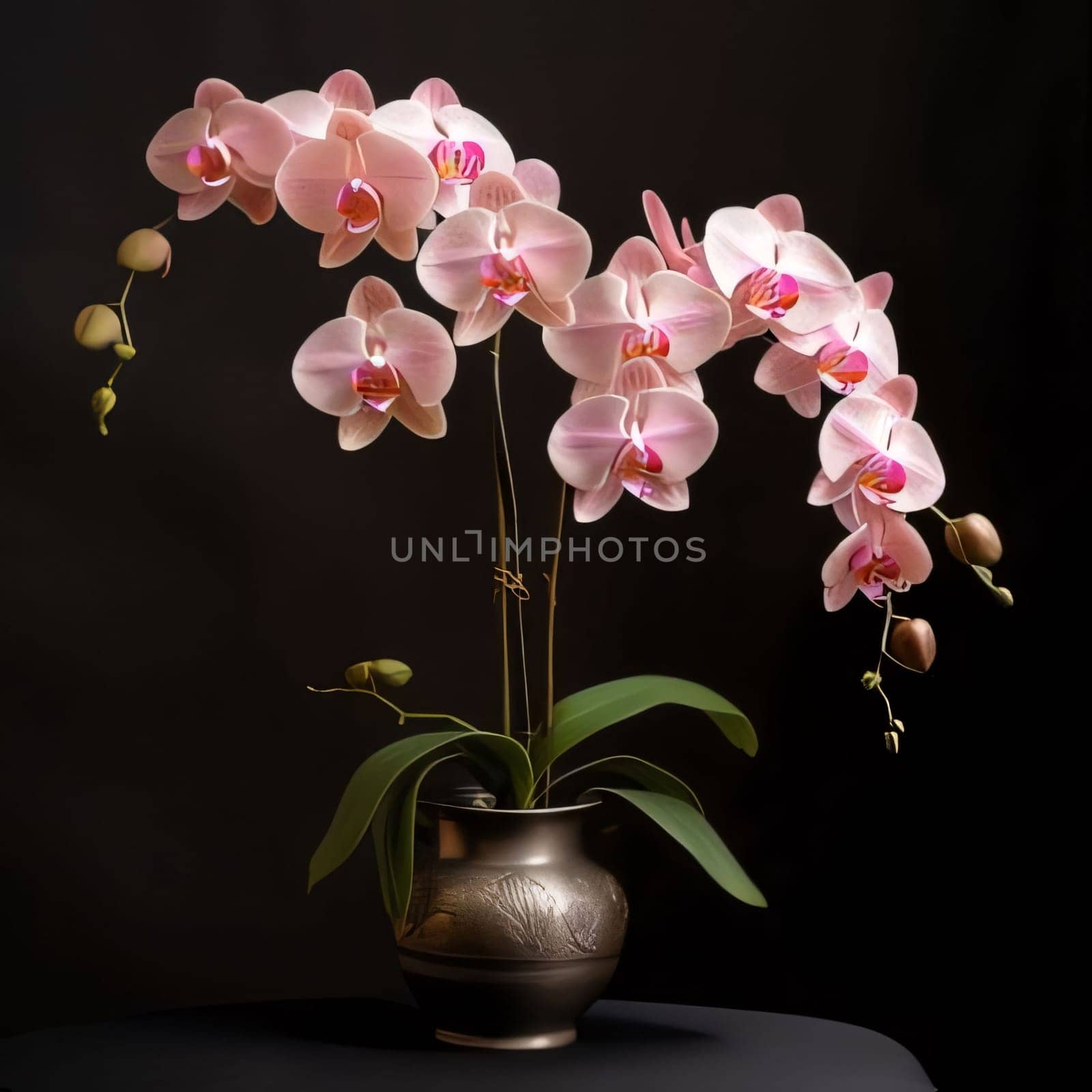 Pink white orchid in a pot on a dark background. Flowering flowers, a symbol of spring, new life. A joyful time of nature waking up to life.