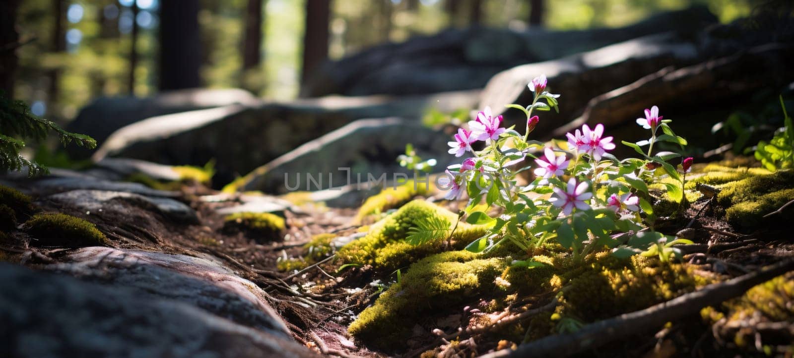 Pink flowers and moss in the forest on the mulch between stones and tree roots. Flowering flowers, a symbol of spring, new life. A joyful time of nature waking up to life.
