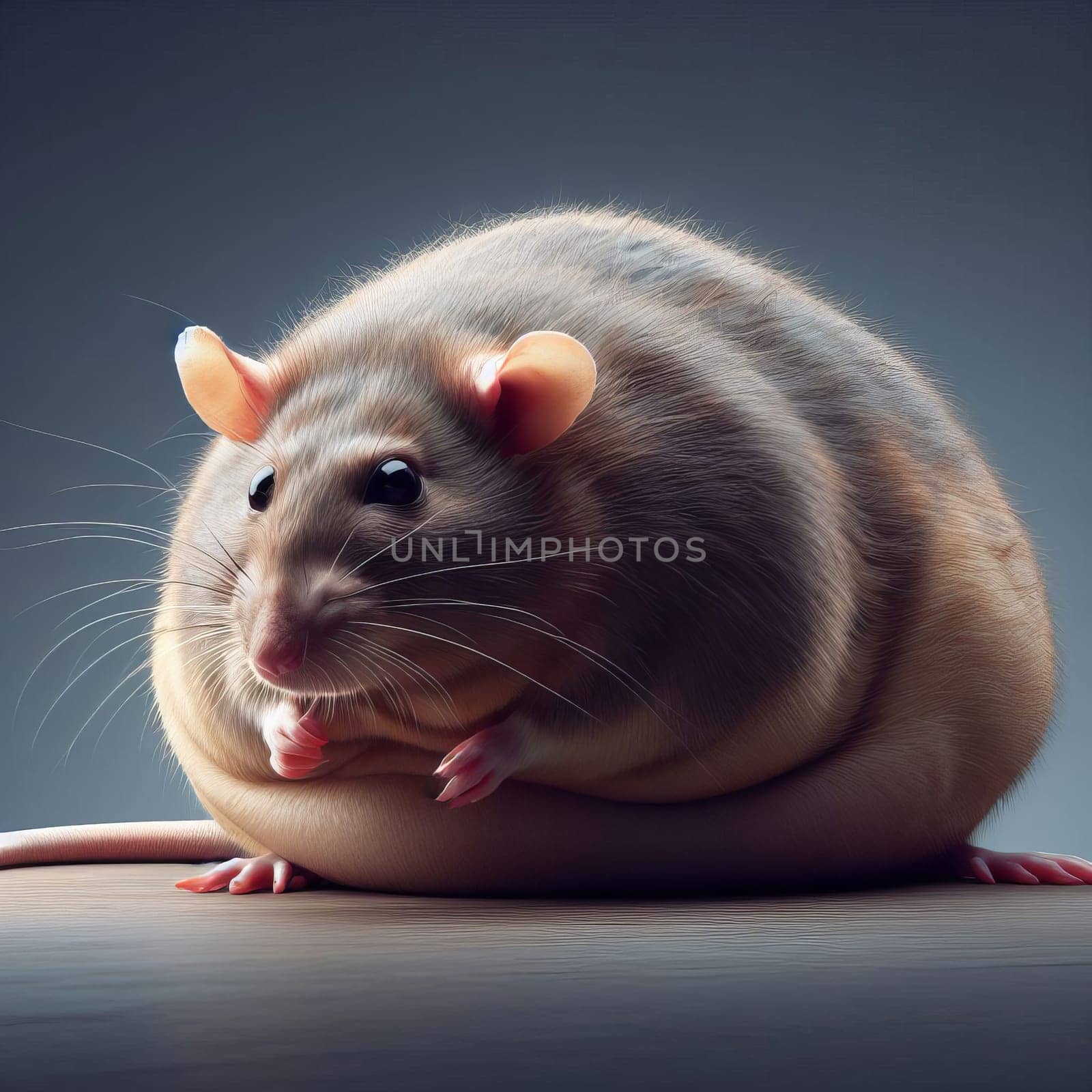 A fat rat sitting on its hind legs on a gray background, looking to the left