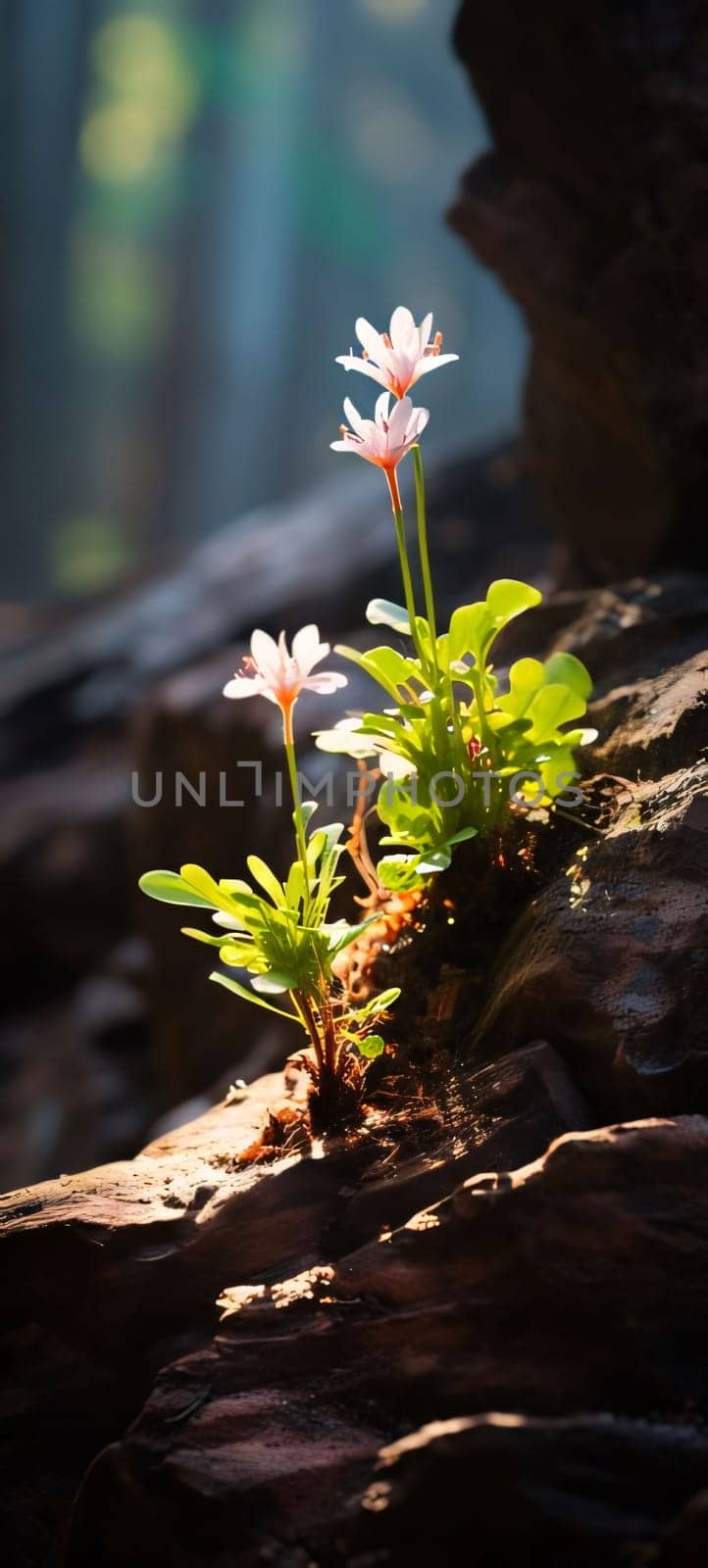 White flowers and moss in the forest on the mulch between stones and tree roots. Rays of sunshine. Flowering flowers, a symbol of spring, new life. A joyful time of nature waking up to life.