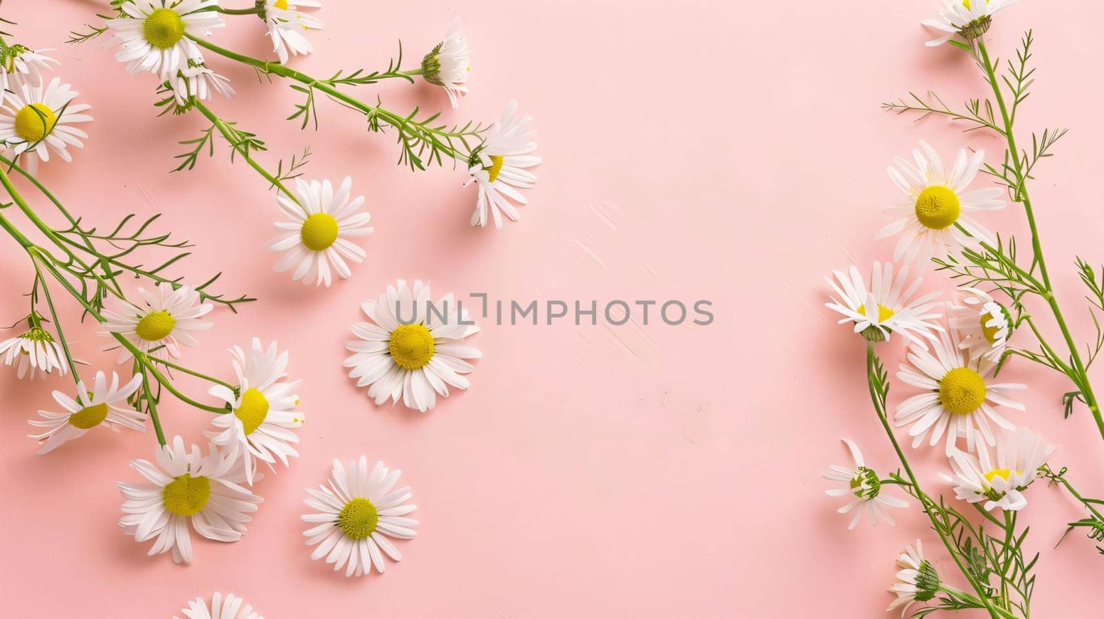 Banner, top view of tiny daisies on a bright background, space for your own content. Flowering flowers, a symbol of spring, new life. A joyful time of nature waking up to life.