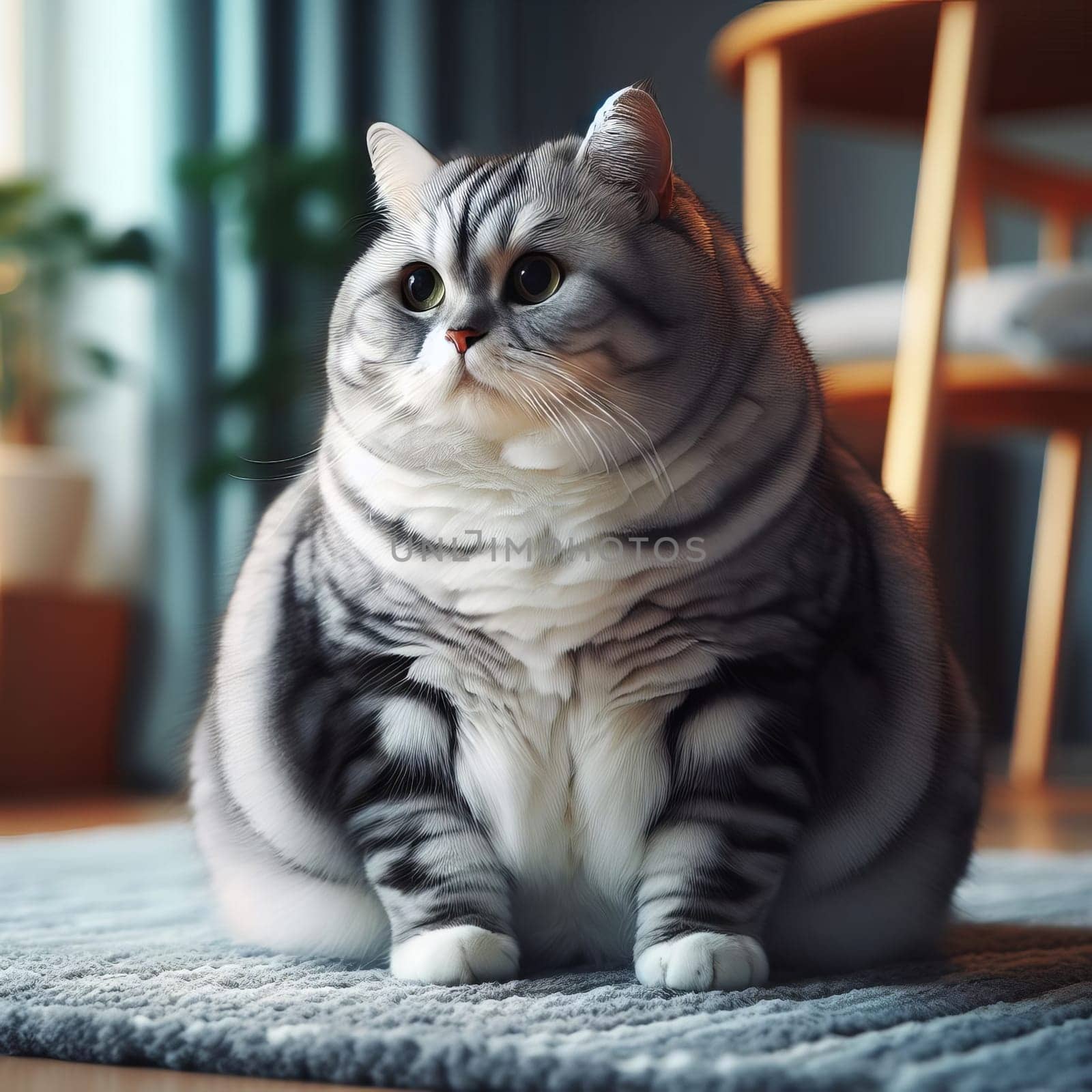 Grey and white chubby cat with striking yellow eyes sitting on a rug, with a chair in the background