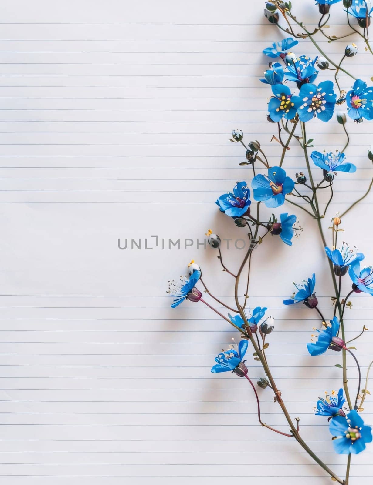 White blank sheet of paper on the right side blue small flowers with stems. Flowering flowers, a symbol of spring, new life. A joyful time of nature waking up to life.