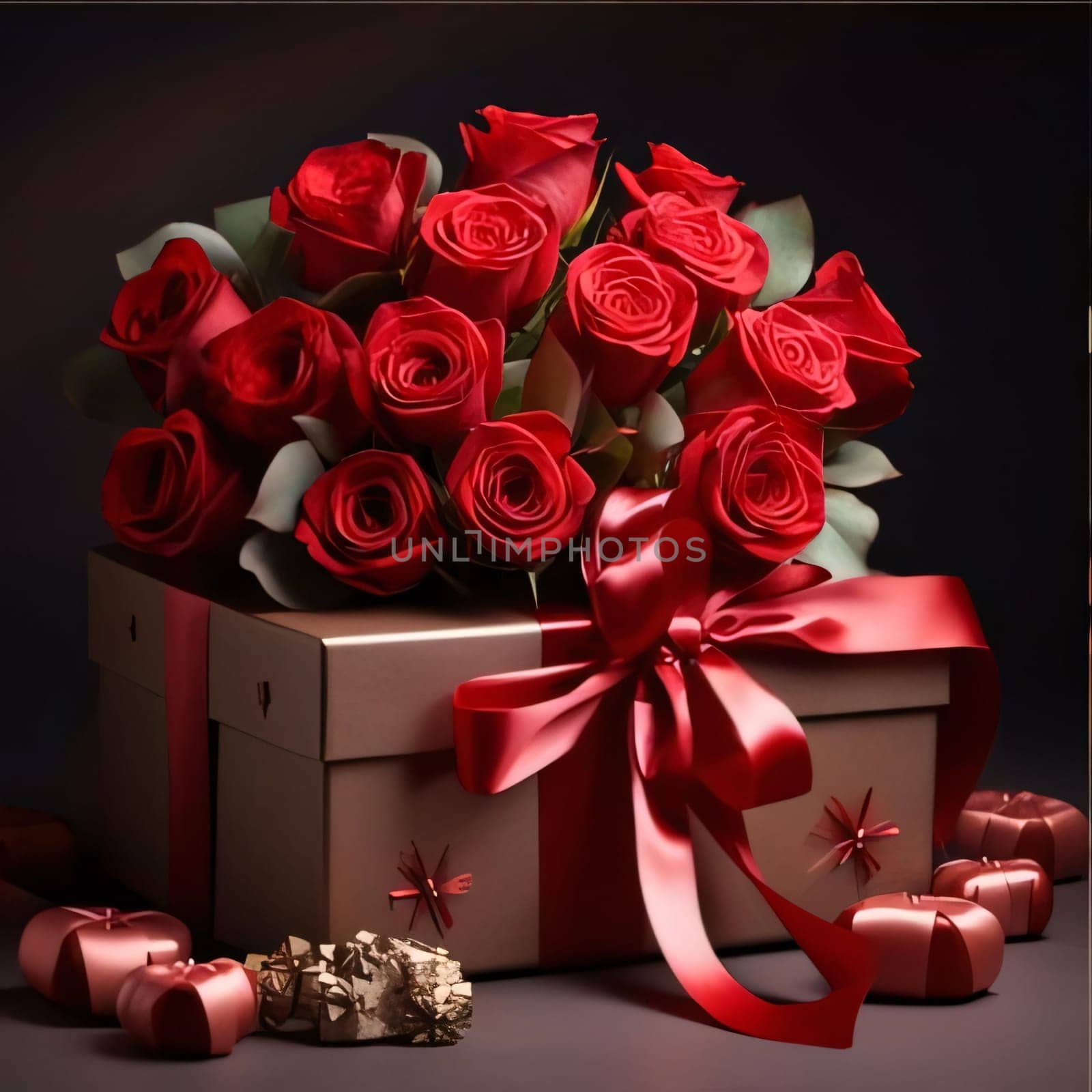 Elegant gift with red bow and red roses on a dark background. Flowering flowers, a symbol of spring, new life. A joyful time of nature waking up to life.