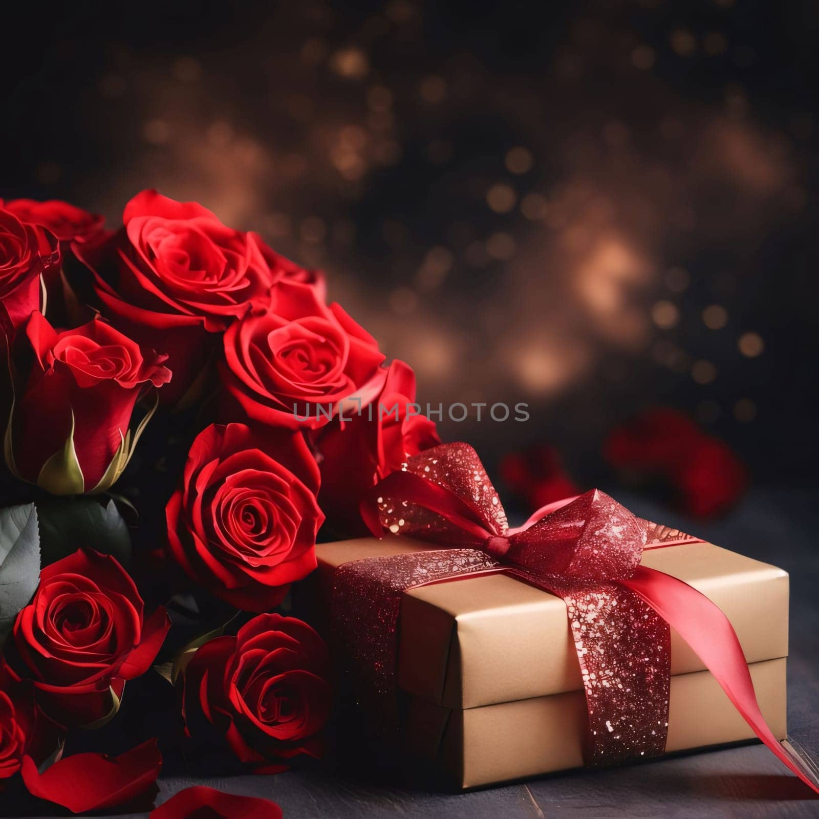 Small gift with red bow and red roses, dark background. Flowering flowers, a symbol of spring, new life. A joyful time of nature waking up to life.