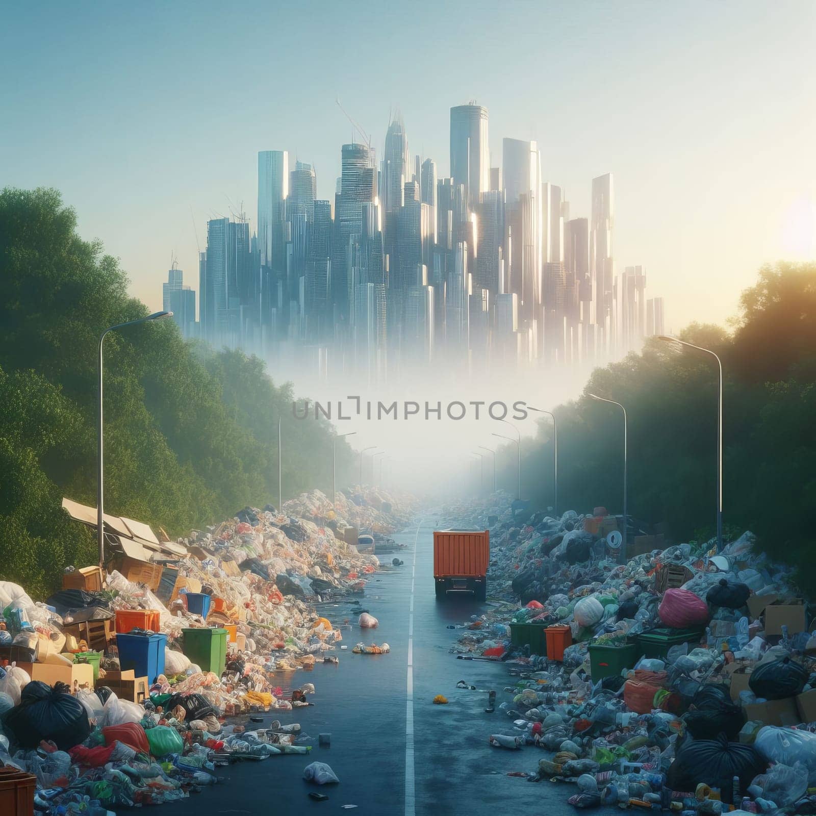 Contrasting scene of a pristine city skyline and a littered road, highlighting environmental issues