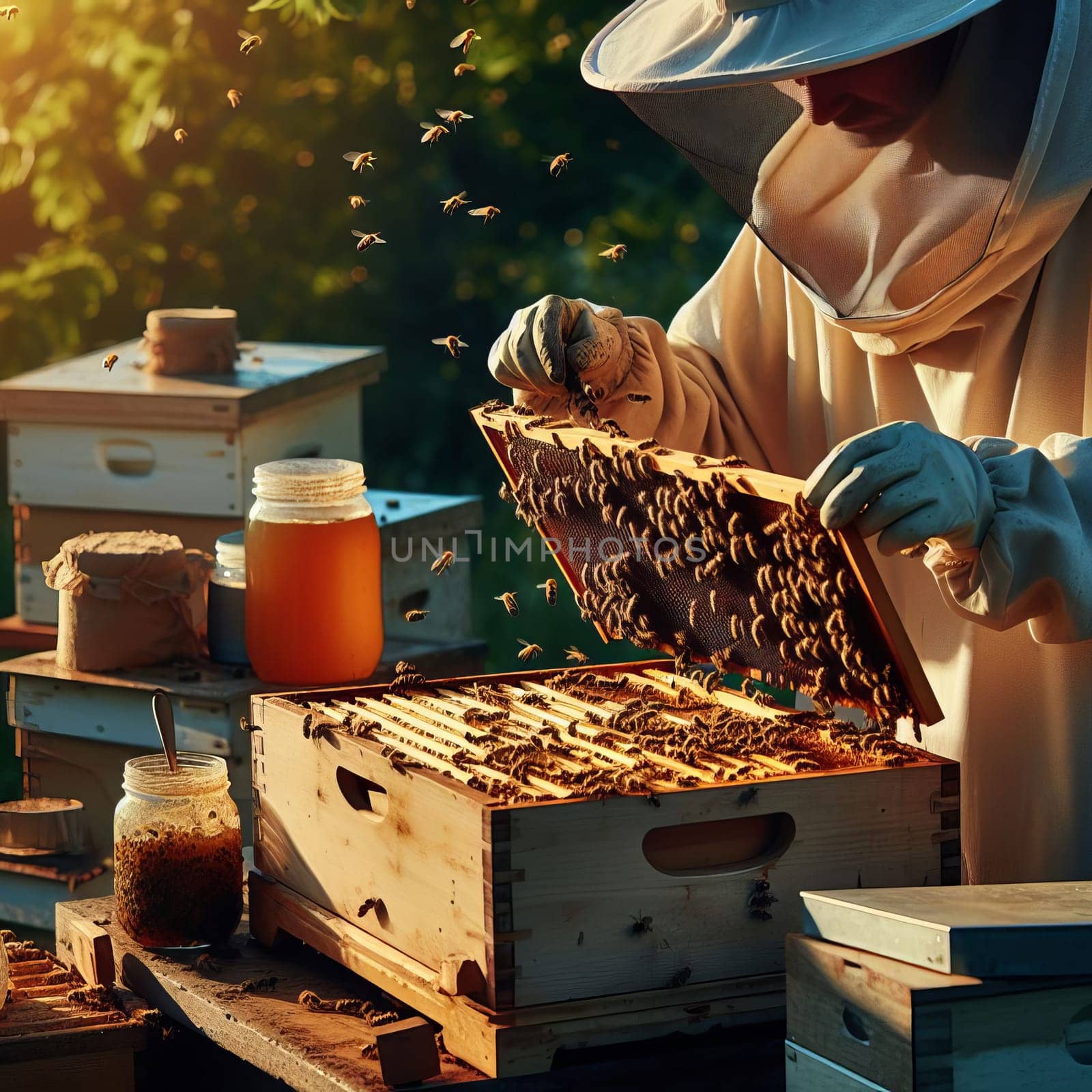Beekeeper in protective gear inspecting a honeycomb frame, with bees flying around and jars of honey in the background