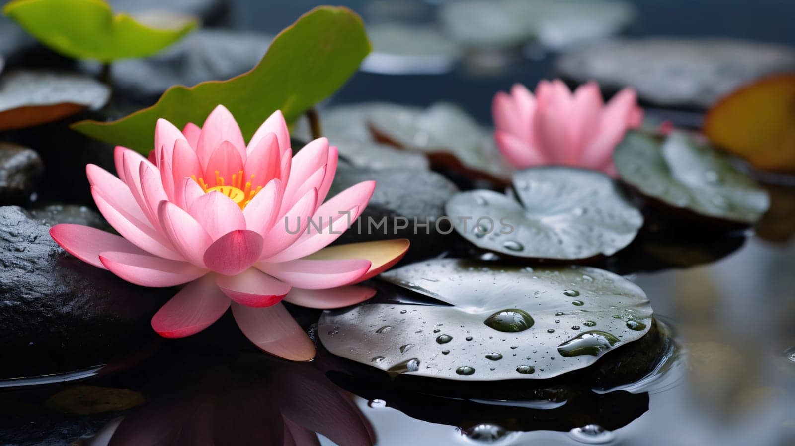 Pink water lily and green leaves on the water. Flowering flowers, a symbol of spring, new life. A joyful time of nature waking up to life.