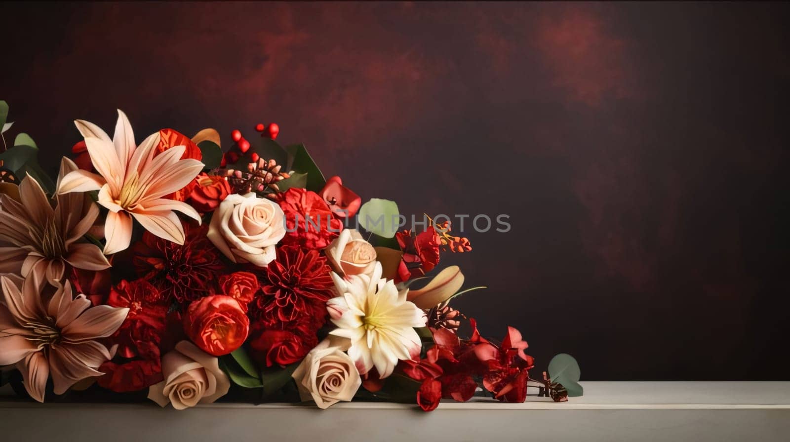 Red and white flowers, a bouquet of flowers lying on a board, dark background with space for your own content. Flowering flowers, a symbol of spring, new life. A joyful time of nature waking up to life.