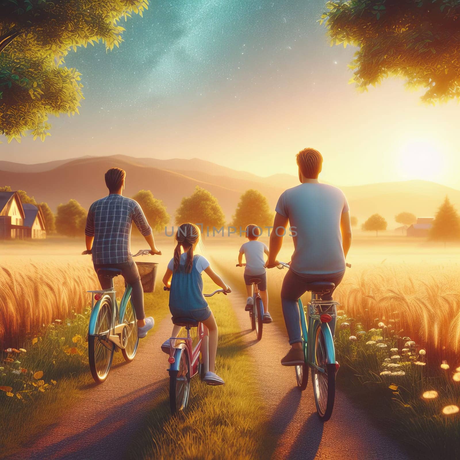 Family bike ride at sunset, surrounded by a beautiful natural landscape under a starry sky. by sfinks