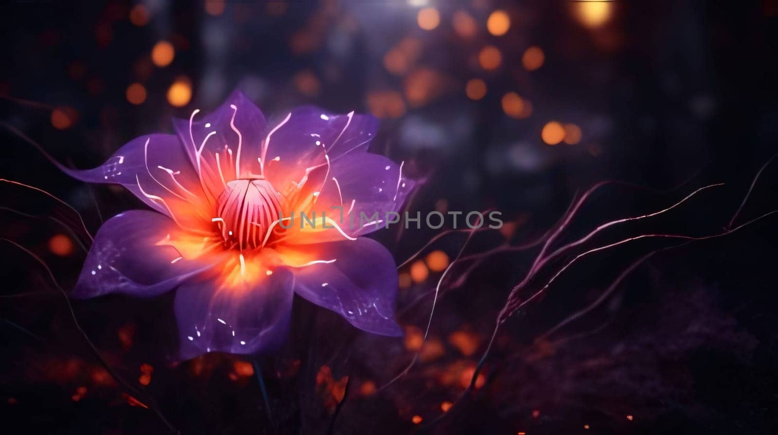 Abstract navy blue and orange large flower with petals on a dark background. Flowering flowers, a symbol of spring, new life. A joyful time of nature waking up to life.