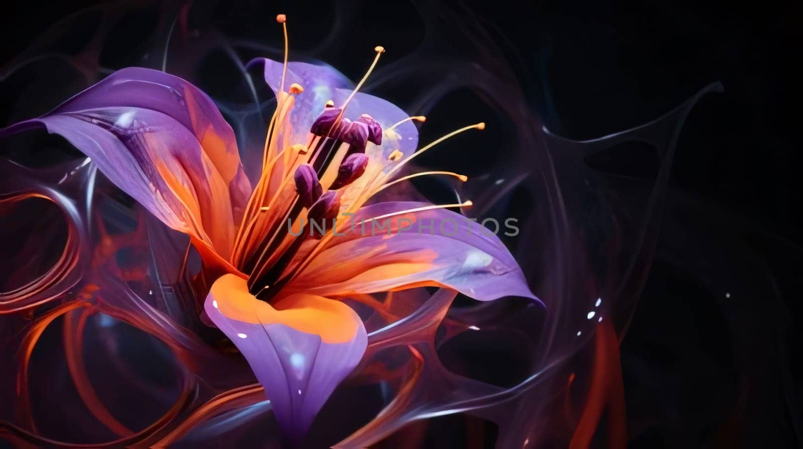 Abstract navy blue and orange large flower with petals on a dark background. Flowering flowers, a symbol of spring, new life. by ThemesS