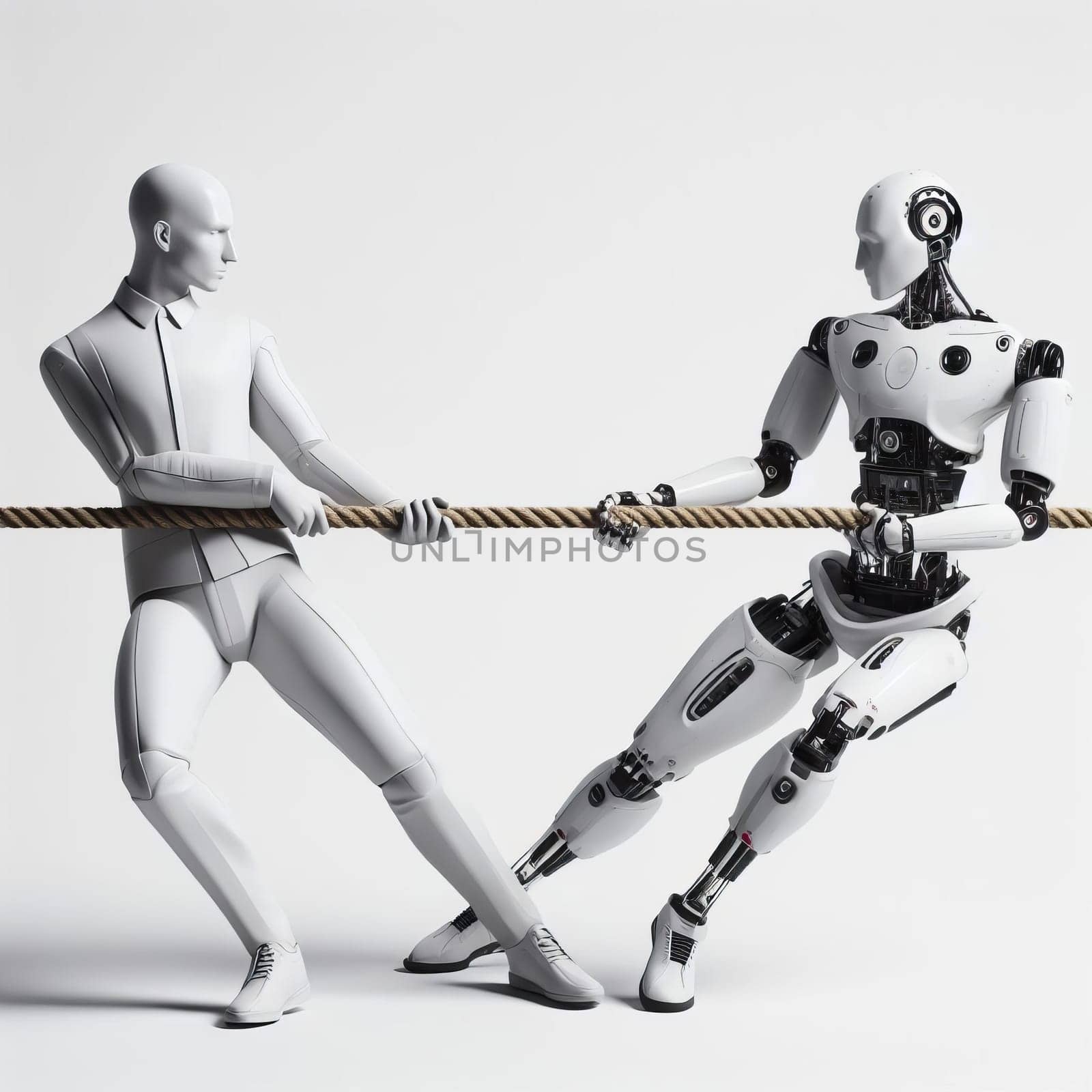 Two robots, one humanoid and one mechanical, engaged in a tug of war on a white background. by sfinks