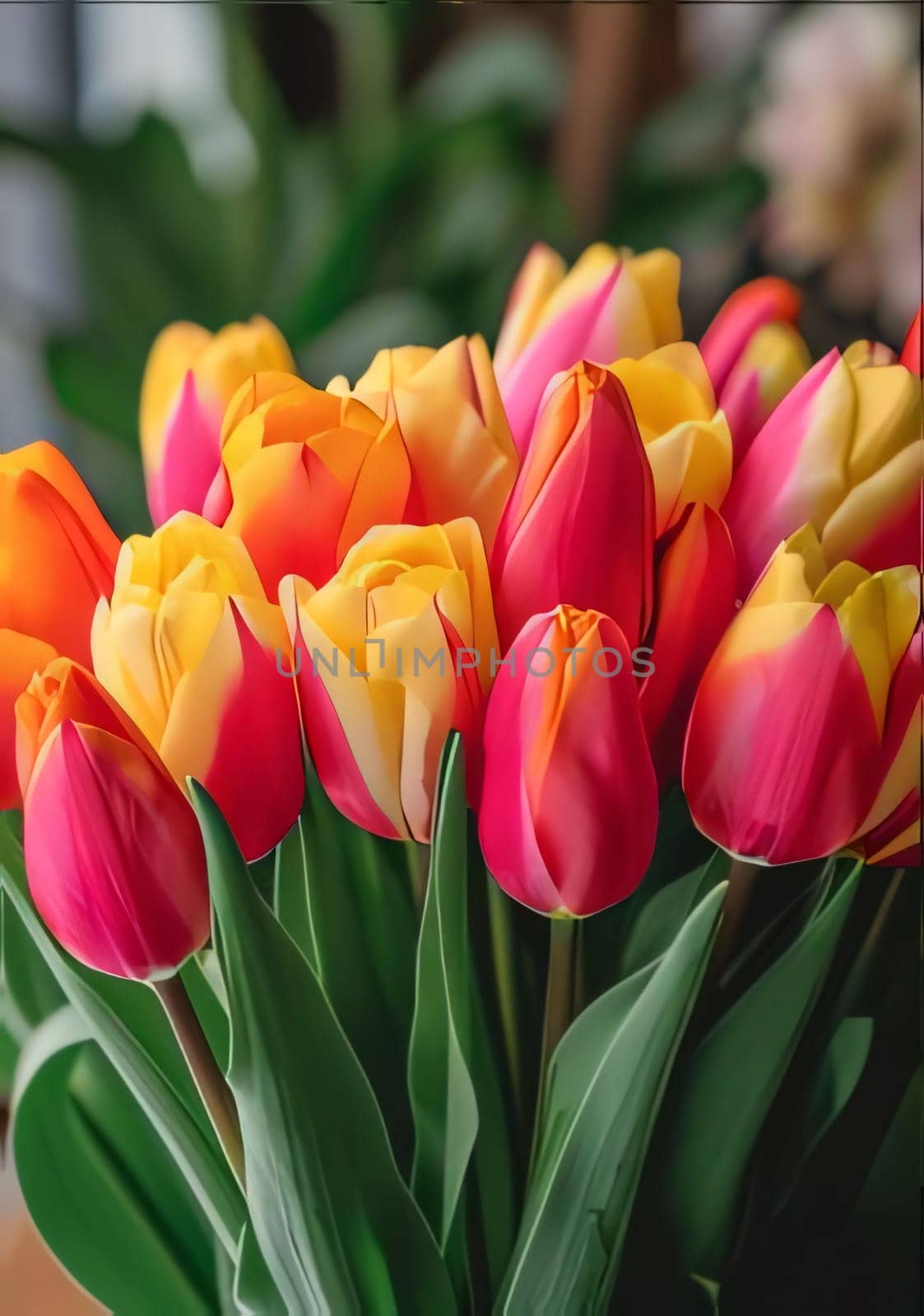 Red and orange Tulips with green leaves, smudged background, bouquet. Flowering flowers, a symbol of spring, new life. A joyful time of nature waking up to life.