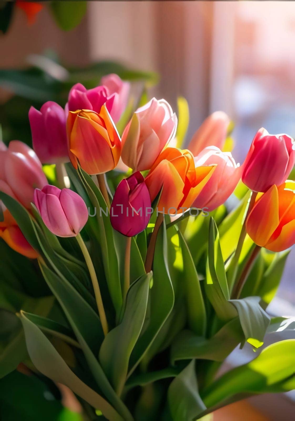Bouquet of colorful tulips, green leaves, smudged background. Flowering flowers, a symbol of spring, new life. A joyful time of nature waking up to life.
