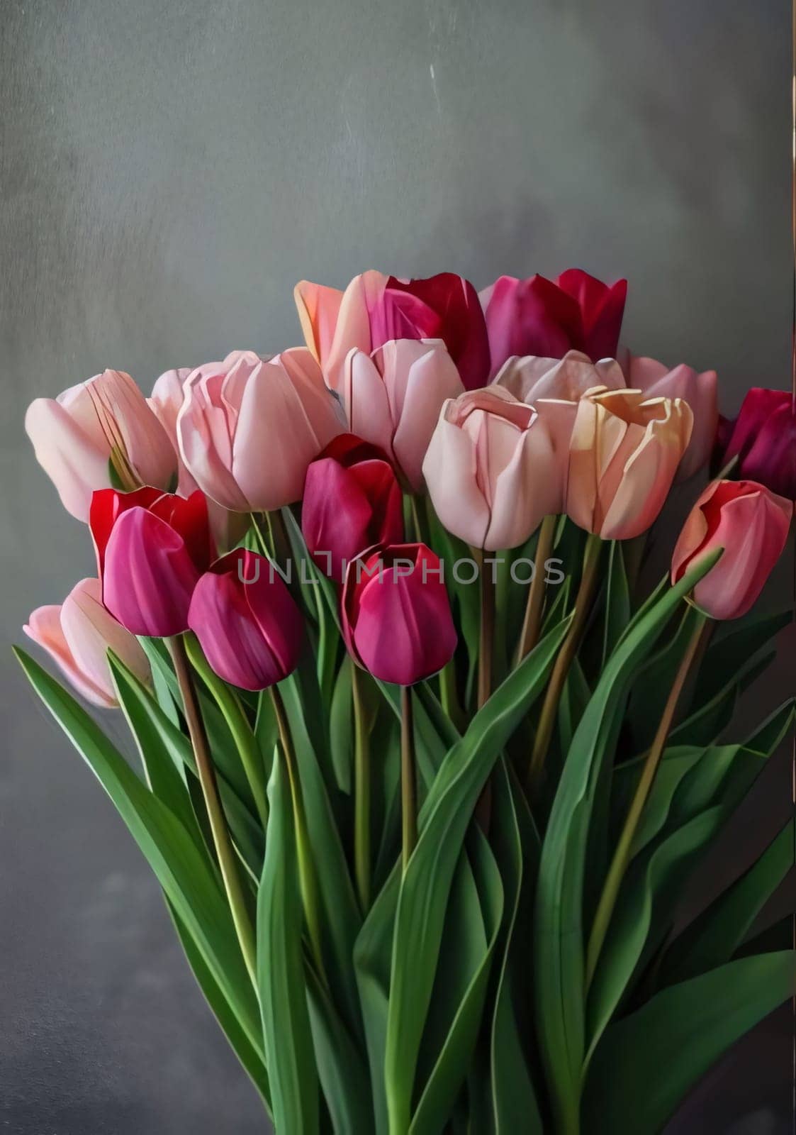 Bouquet of pink and red tulips, green leaves on a gray background. Flowering flowers, a symbol of spring, new life. A joyful time of nature waking up to life.
