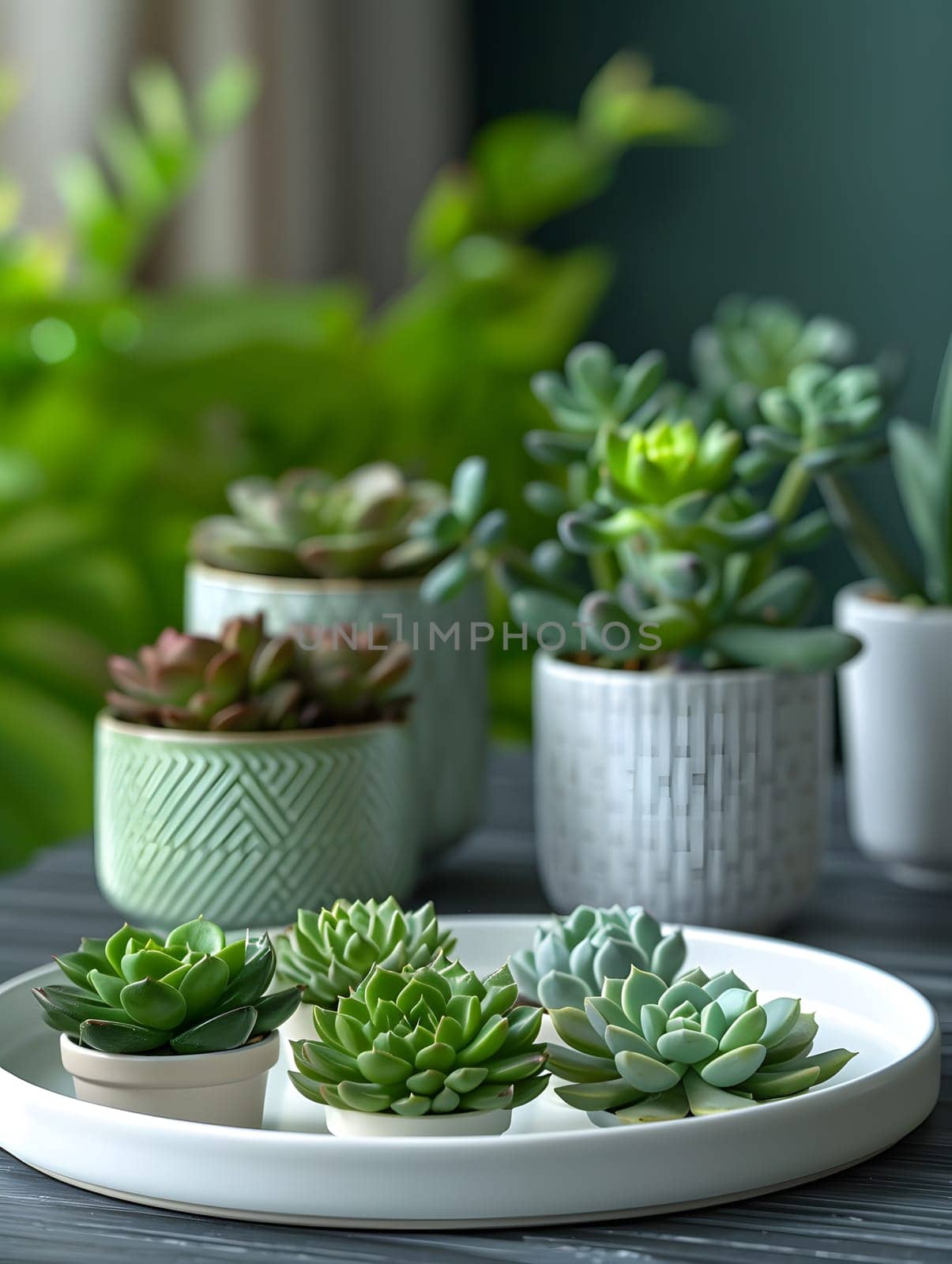 An assortment of potted succulents displayed on a rectangular tray atop a table, adding a touch of green to the room