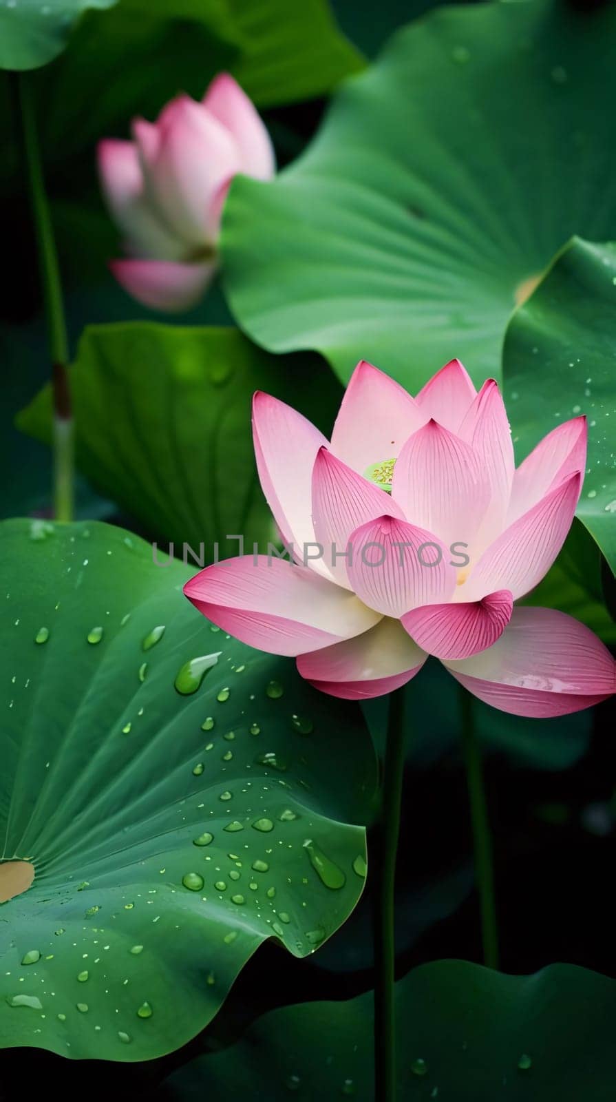 Pink water lilies and green leaves with Drops of water, dew, rain. Flowering flowers, a symbol of spring, new life. A joyful time of nature waking up to life.