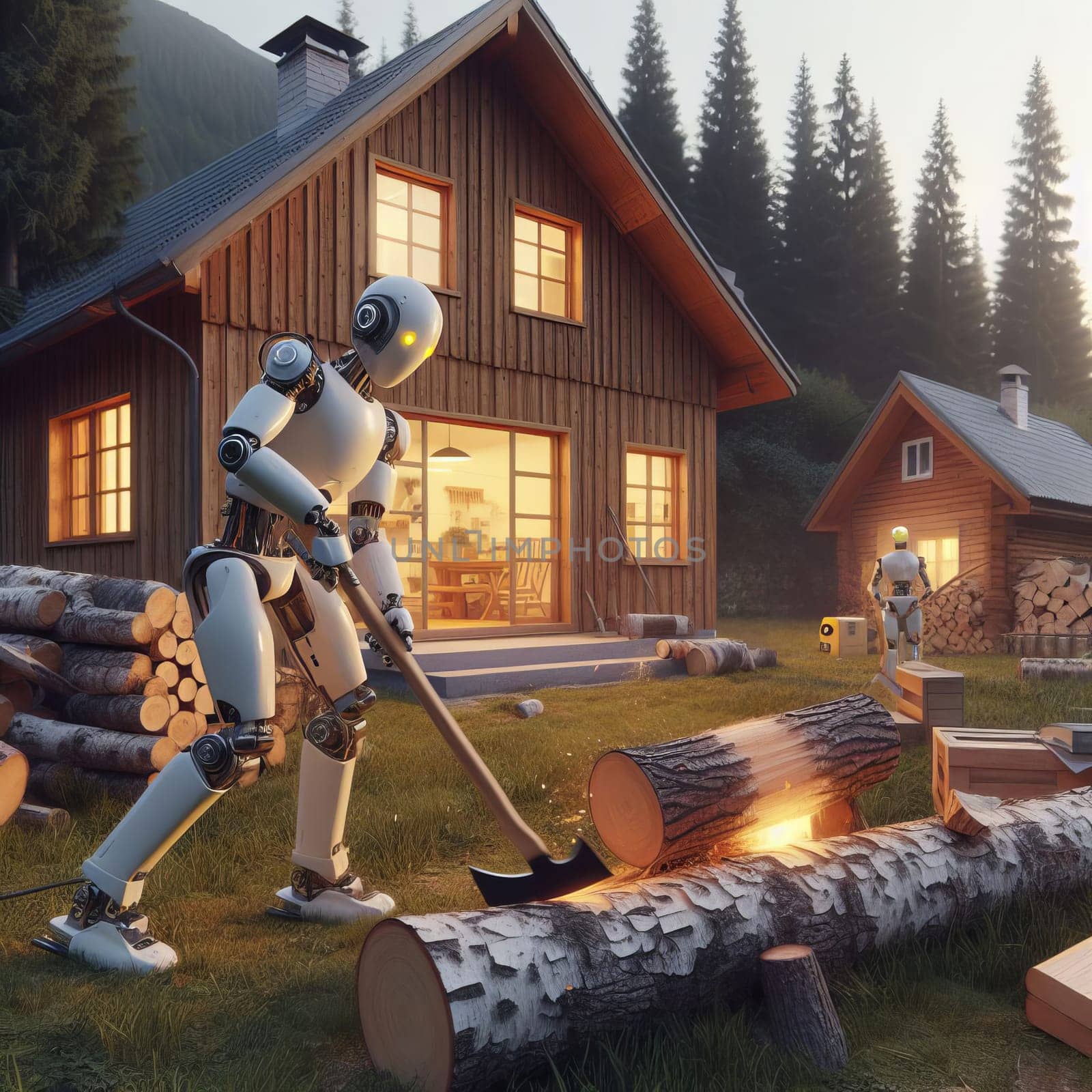 Robots chopping wood outside a cozy, illuminated wooden cabin surrounded by lush greenery at dusk. by sfinks