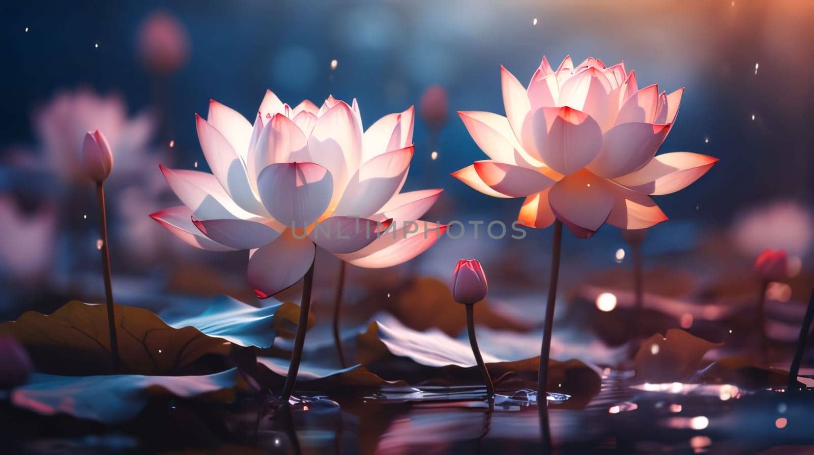 Pink water lily and green leaves over the water, sunshine. Flowering flowers, a symbol of spring, new life. A joyful time of nature waking up to life.