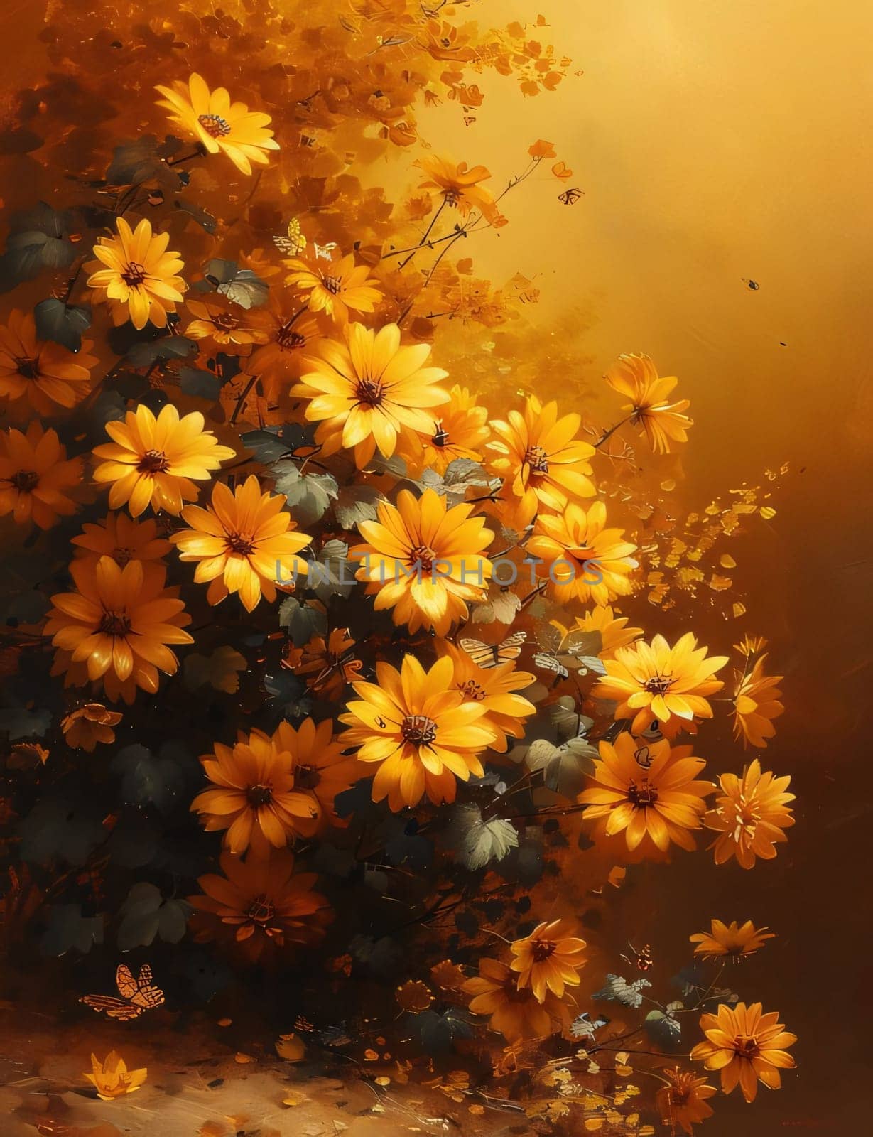 Dozens of yellow flowers on a bright orange background. Flowering flowers, a symbol of spring, new life. A joyful time of nature waking up to life.