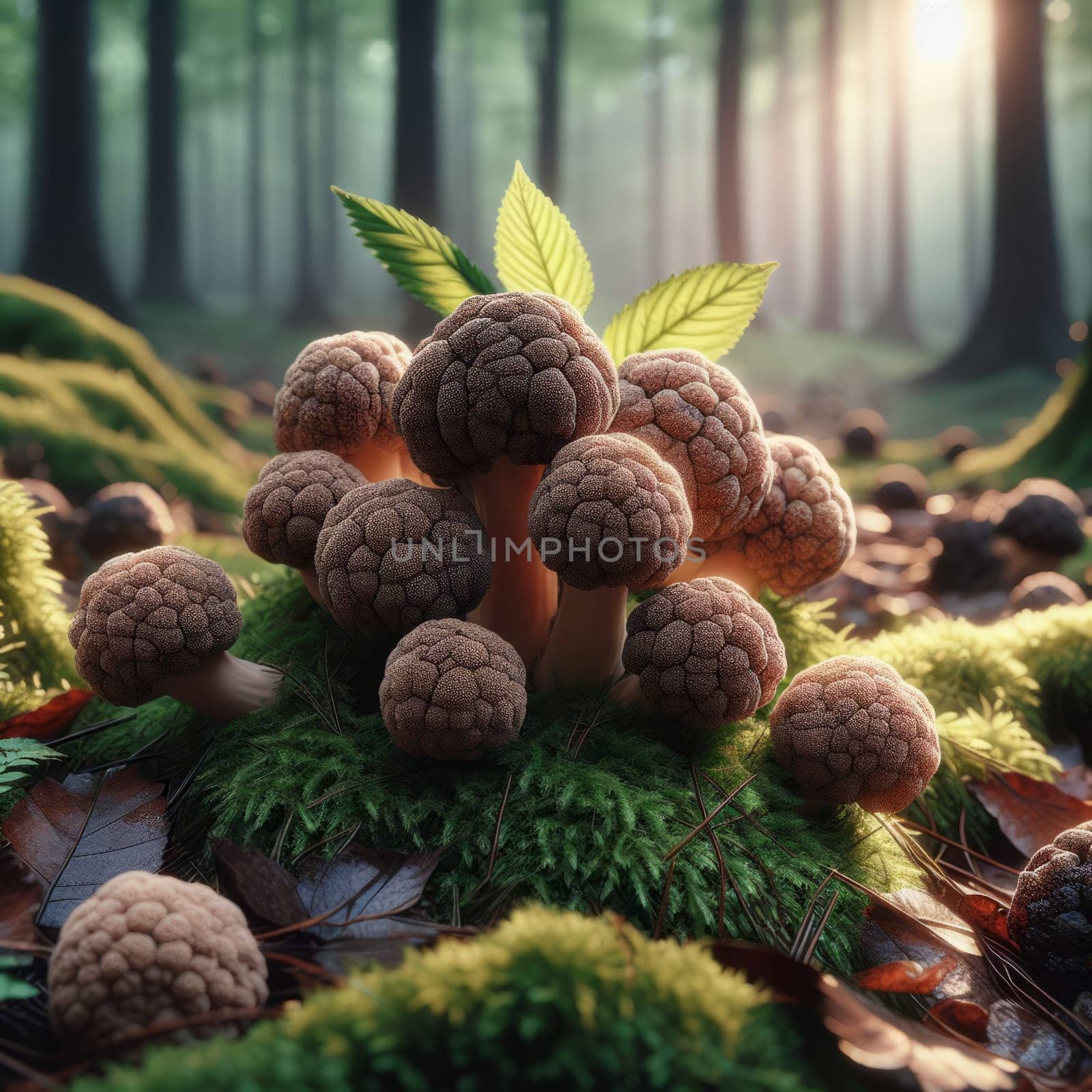 Detailed truffle mushrooms amidst green foliage, illuminated by soft light filtering through a dense forest