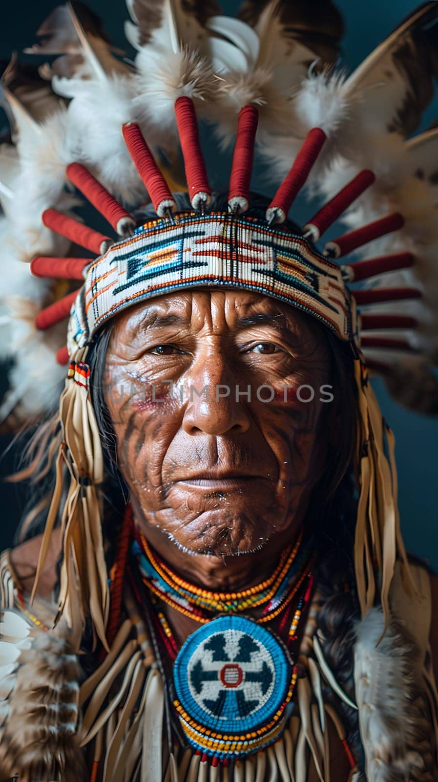 A close up of a human eye peeking through an electric blue native american headdress, showcasing the intricate artistry and tradition of tribal chiefs