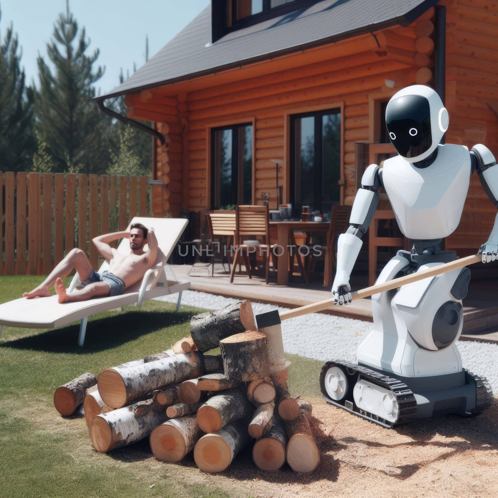 Futuristic scene of a robot chopping wood in front of a wooden house, while a man relaxes in the background. by sfinks