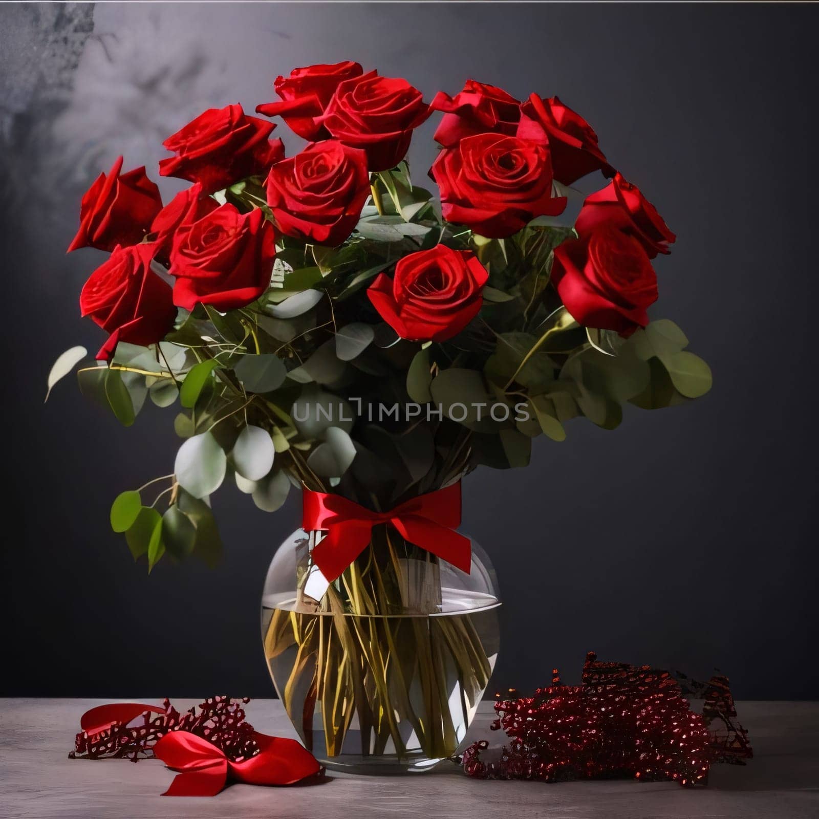Bouquets of red roses with a red bow in a transparent vase, dark background. Flowering flowers, a symbol of spring, new life. A joyful time of nature waking up to life.
