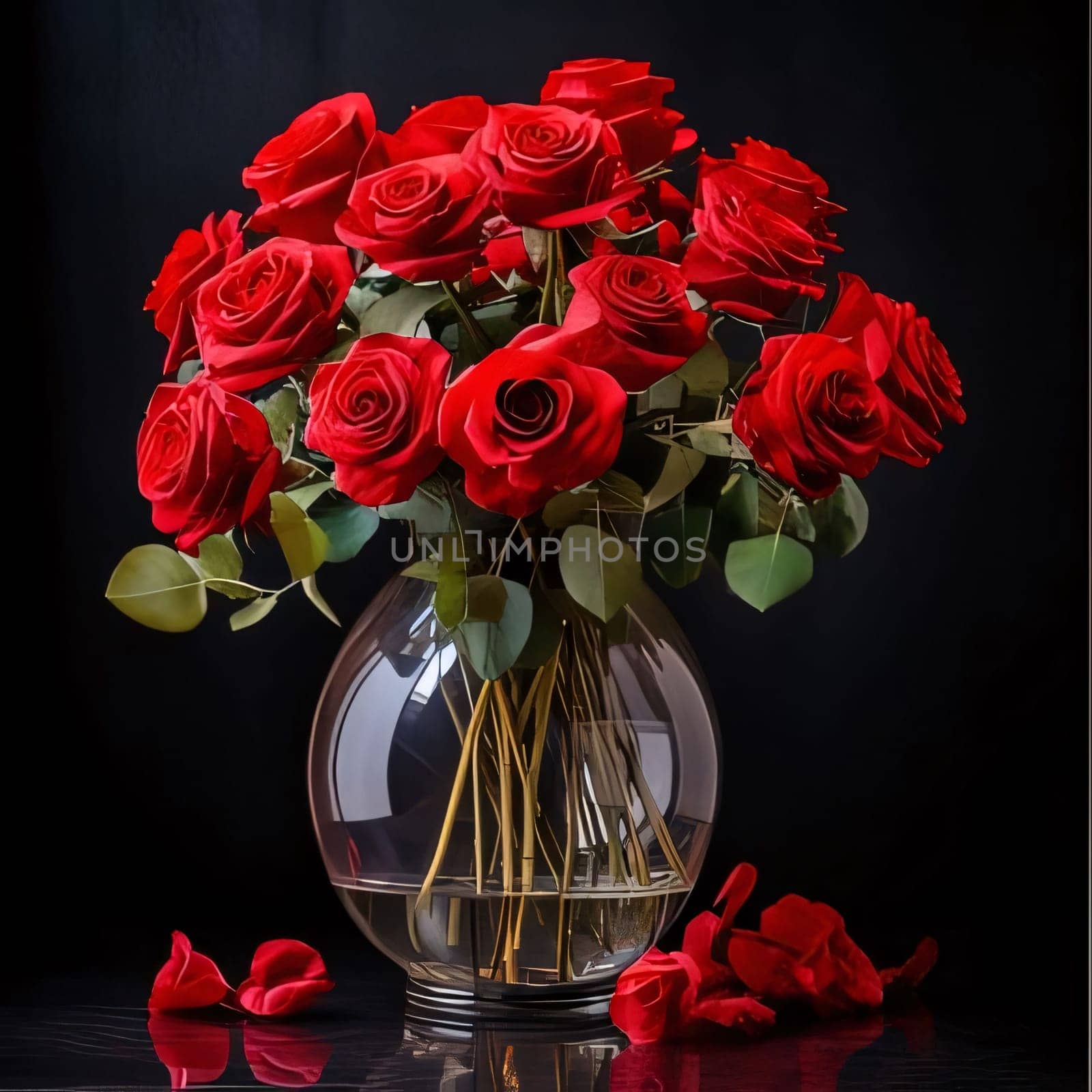 Bouquets of red roses with a red bow in a transparent vase, dark background. Flowering flowers, a symbol of spring, new life. A joyful time of nature waking up to life.