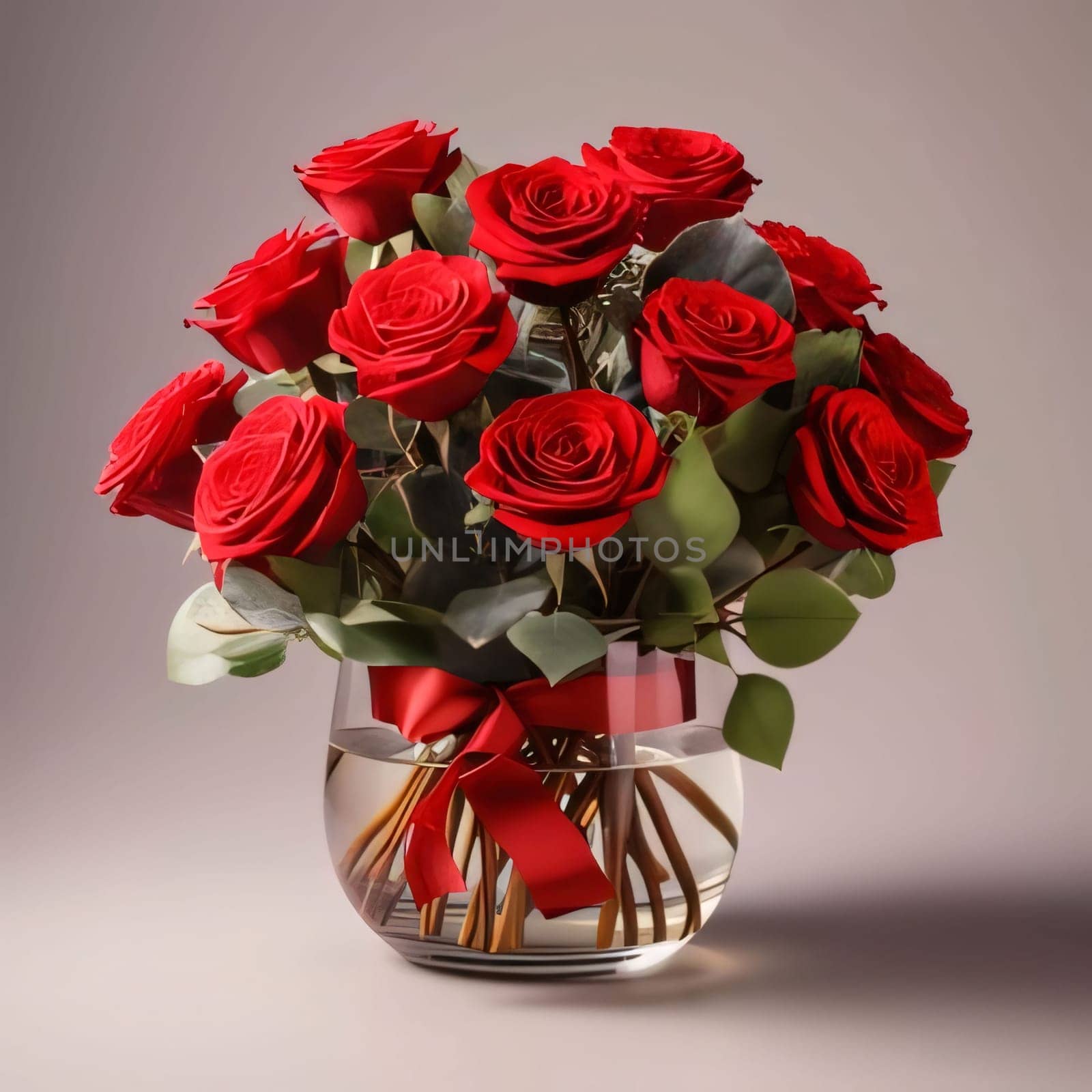Bouquets of red roses with a red bow in a transparent vase, light background. Flowering flowers, a symbol of spring, new life. A joyful time of nature waking up to life.