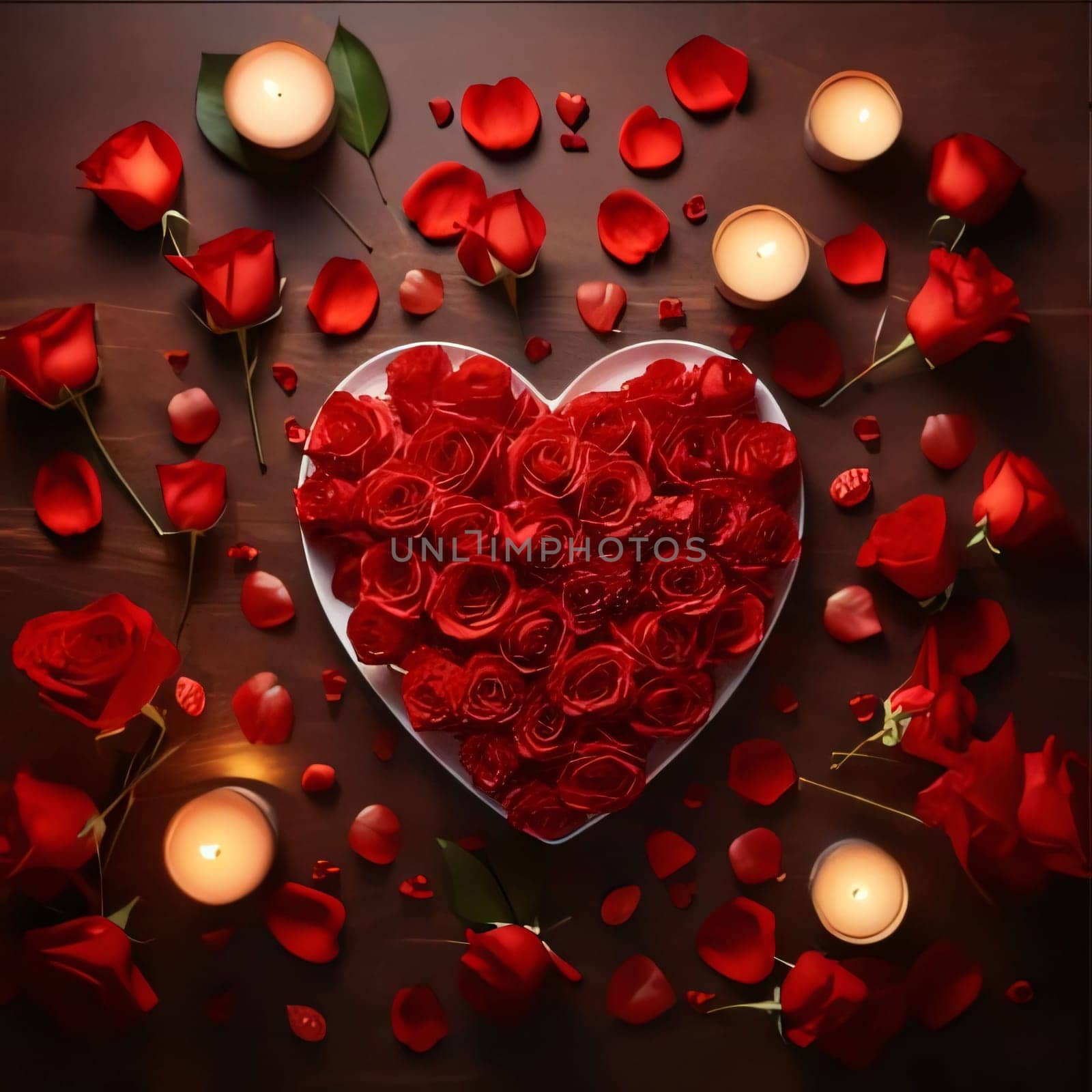 Top view of a white heart filled with red petals, roses around candles and red petals. Flowering flowers, a symbol of spring, new life. by ThemesS